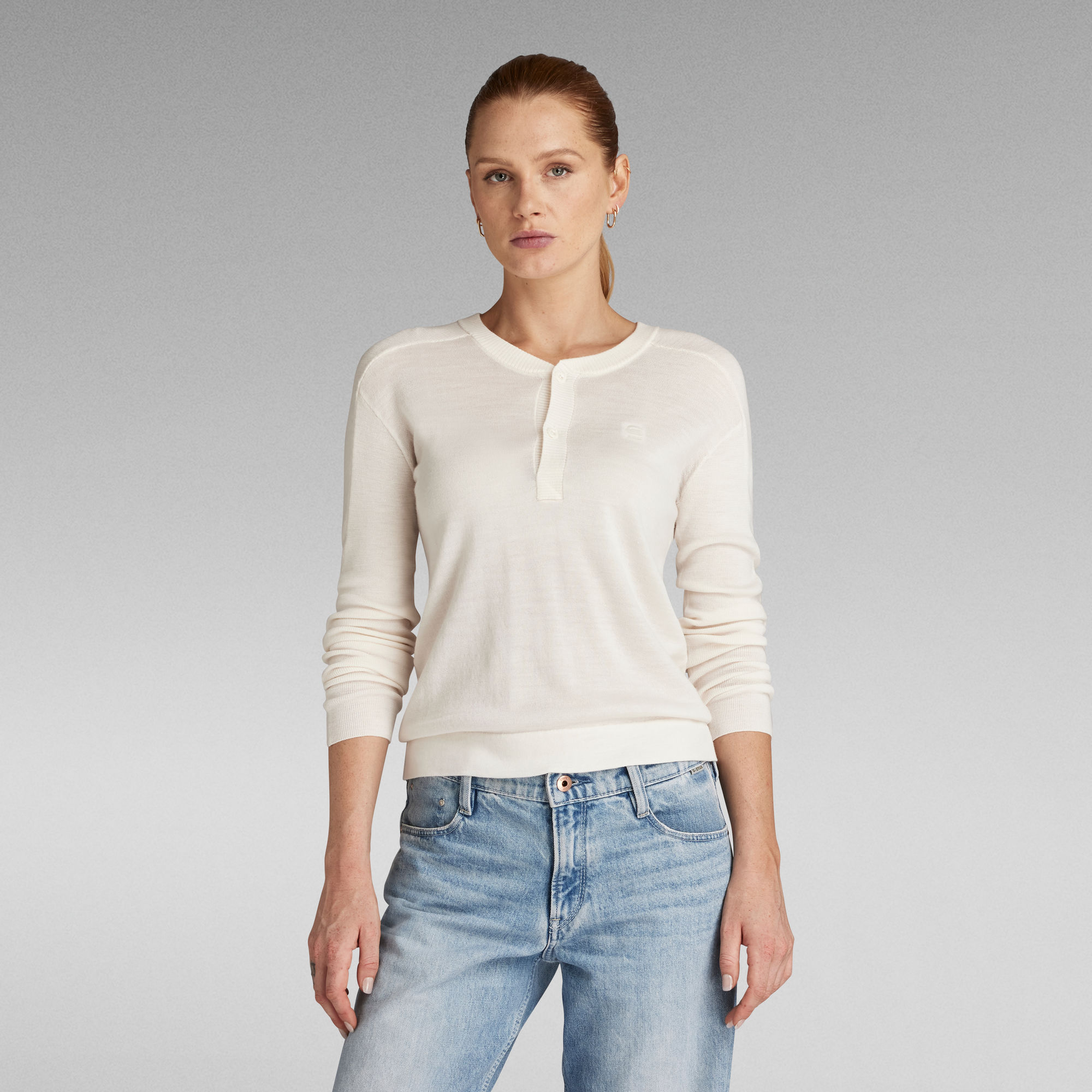 Core Henley Knitted Pullover - Beige - Damen