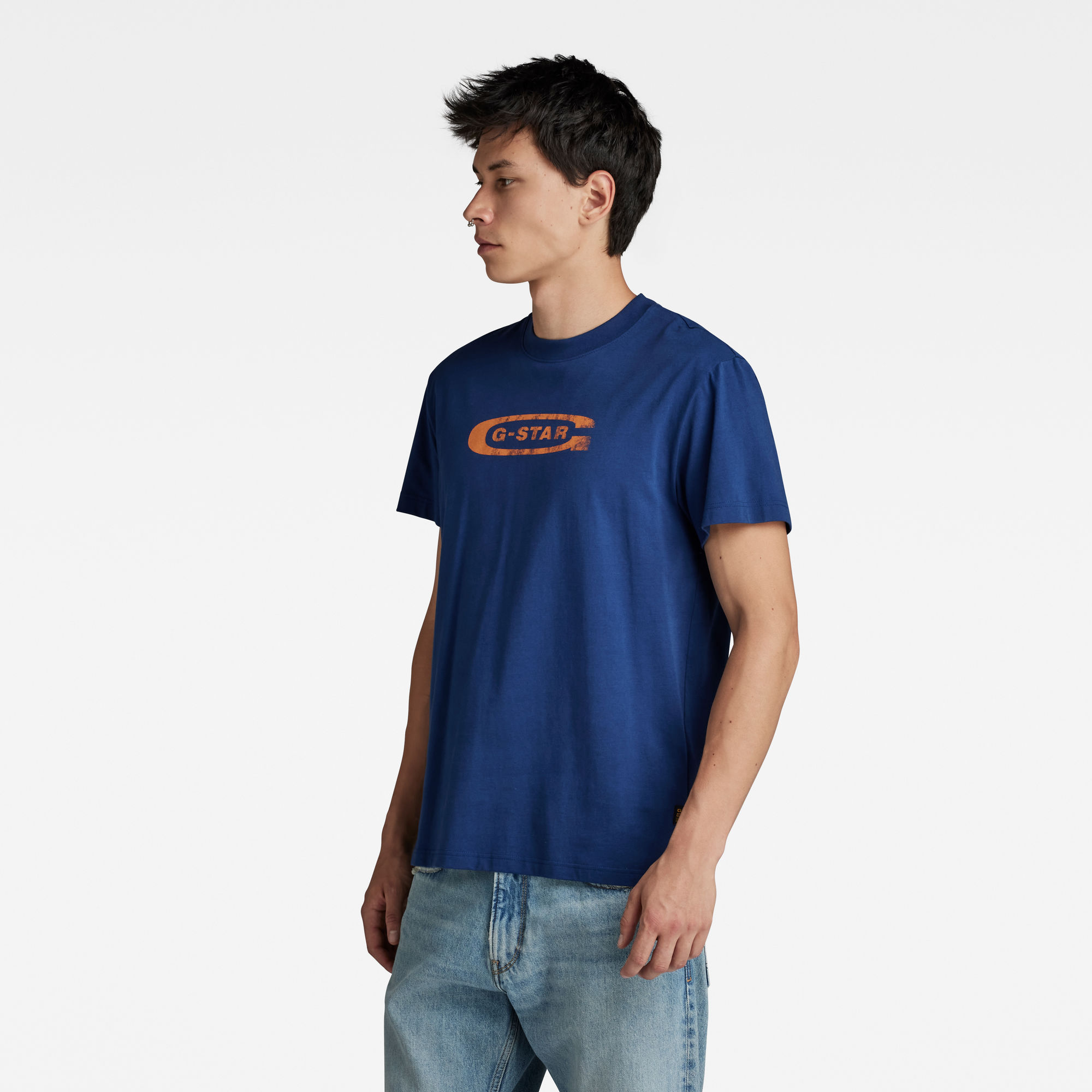 G-Star RAW Distressed Old School Logo T-Shirt Donkerblauw Heren