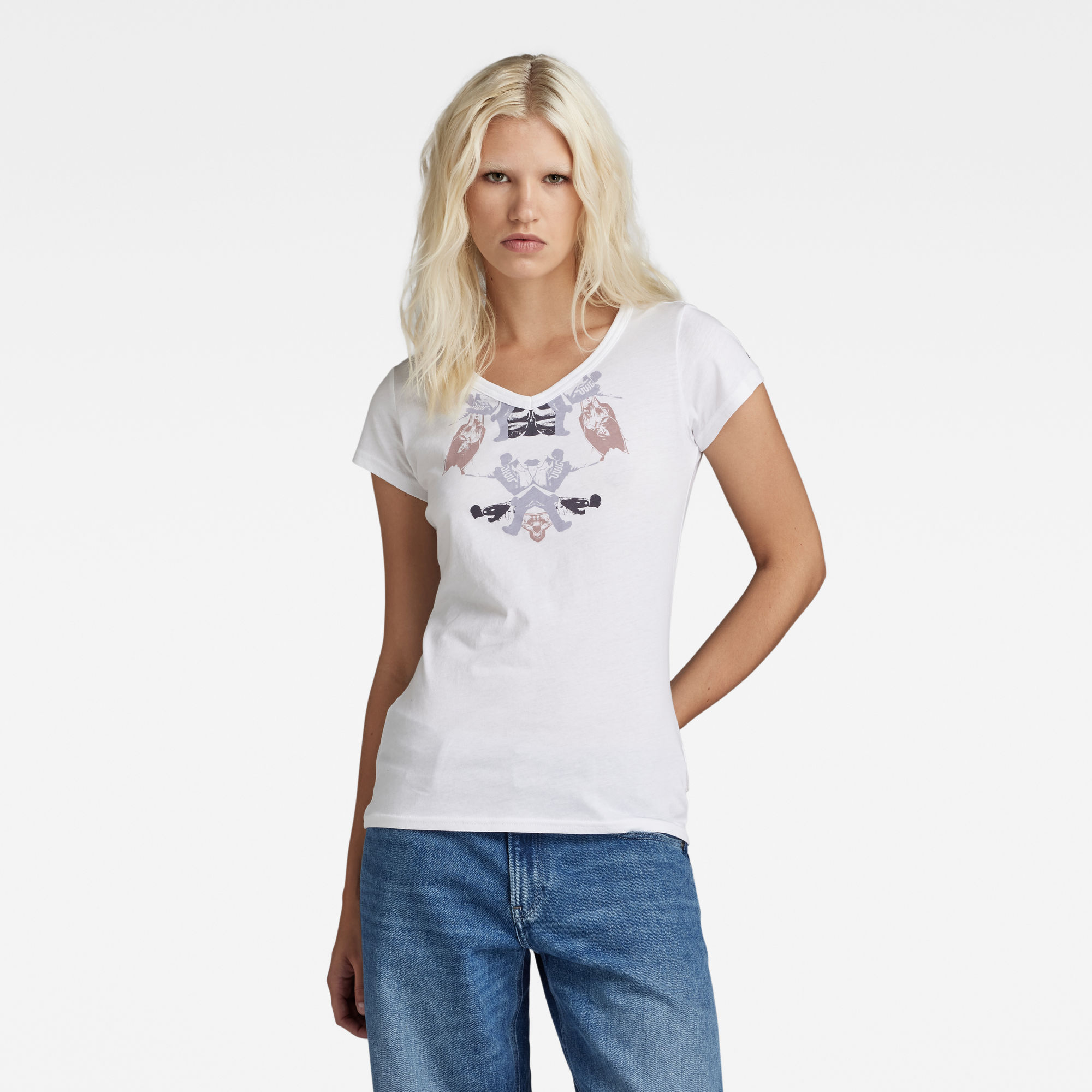

Look Book Graphic Slim V-Neck Top - Weiß - Damen