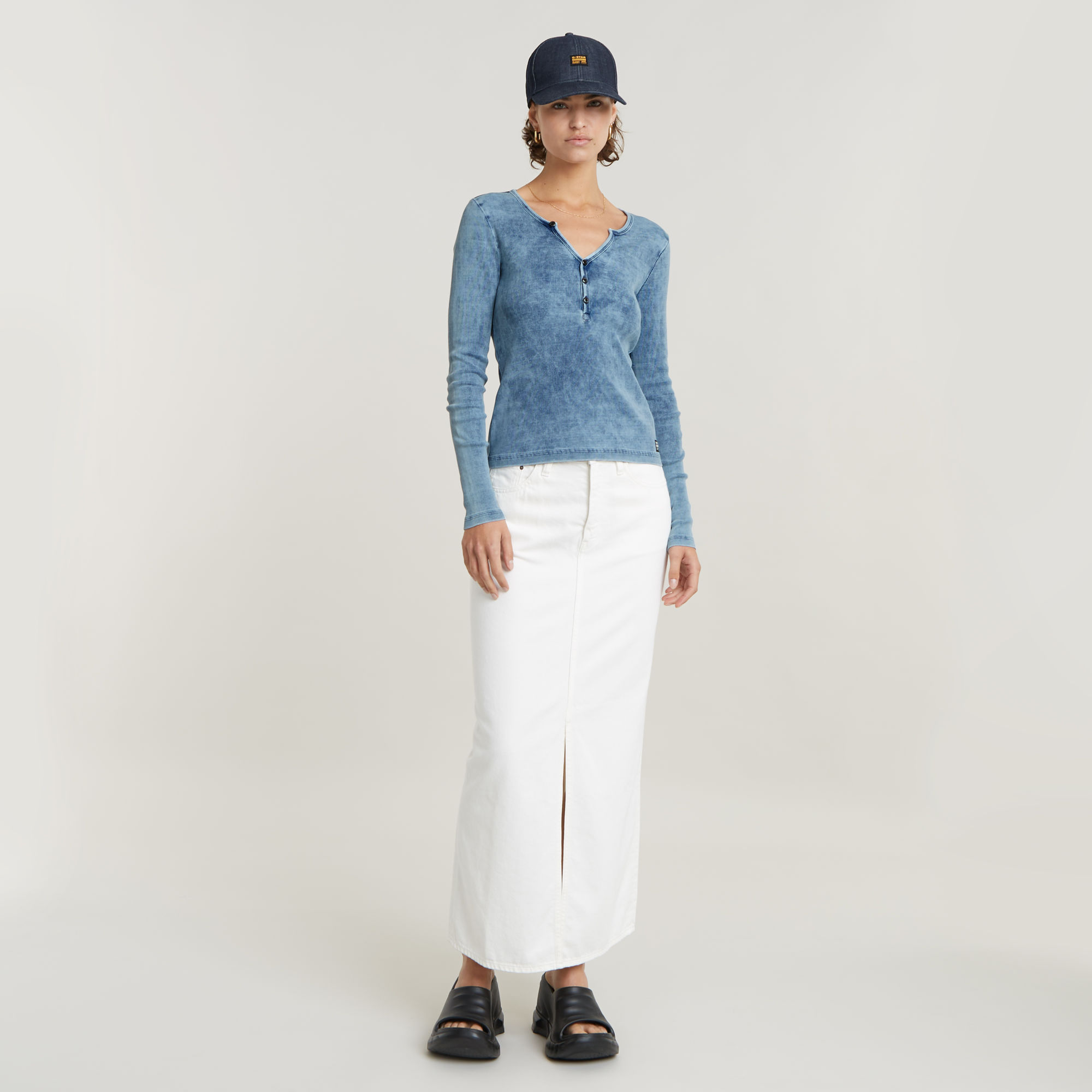 G-Star RAW Deep V Indigo Henley Slim Top Lichtblauw Dames