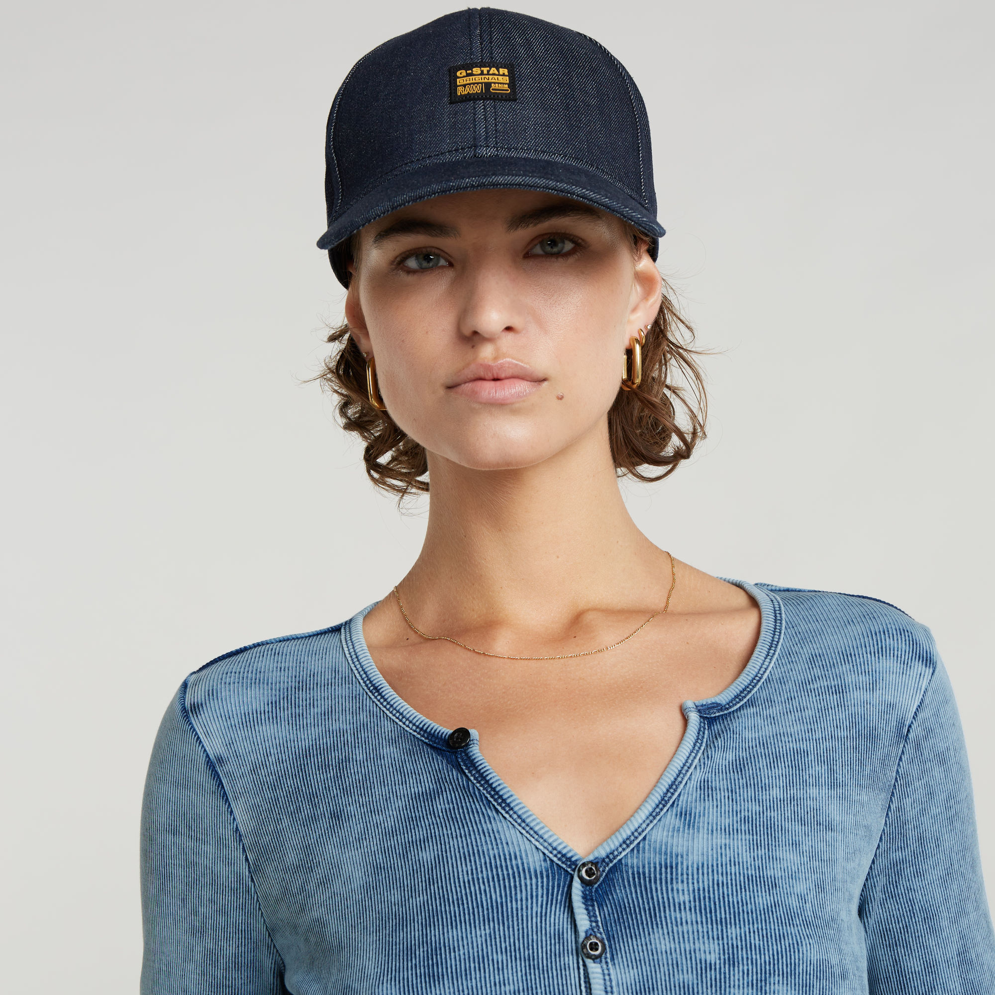 G-Star RAW Deep V Indigo Henley Slim Top Lichtblauw Dames