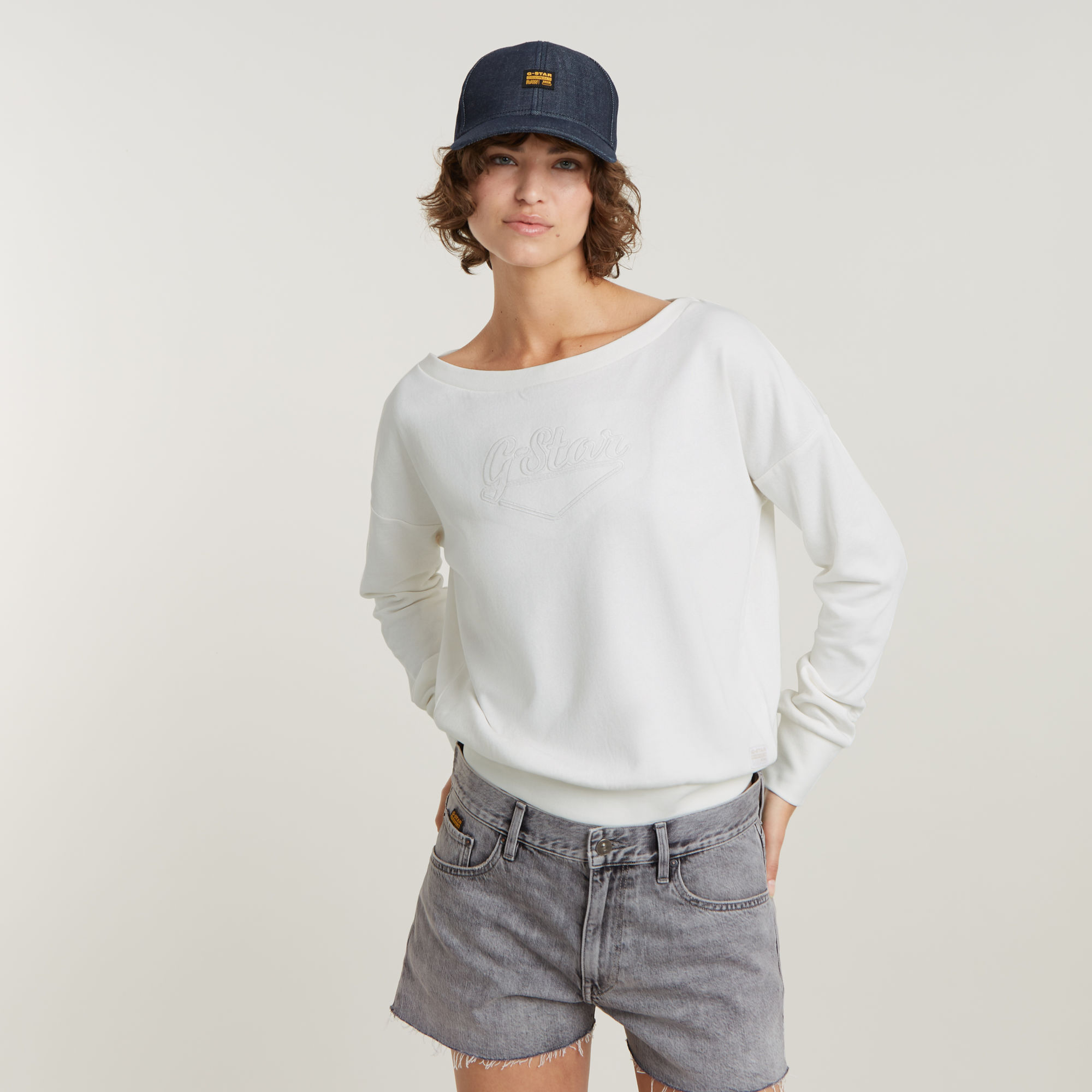 Boat Neck Loose Sweatshirt - Weiß - Damen