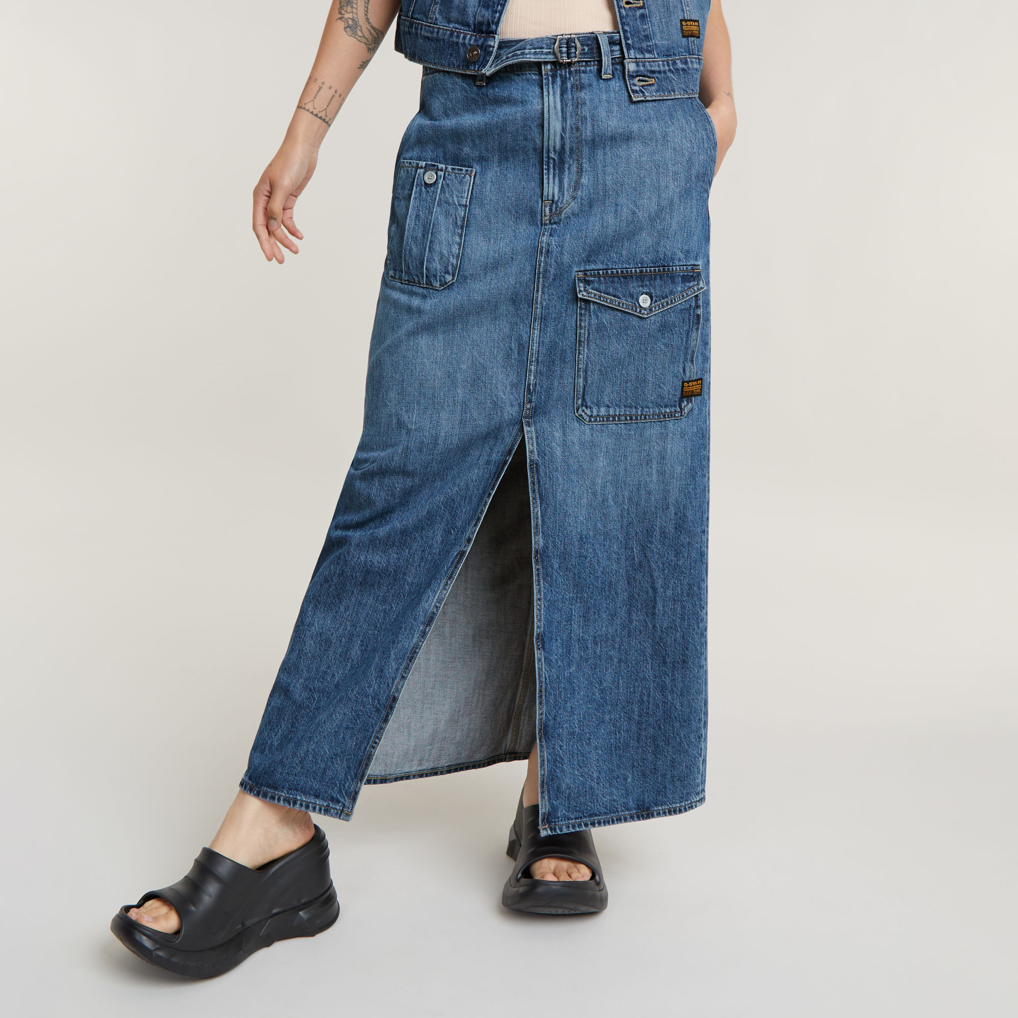 Belted Cargo Long Rock - Mittelblau - Damen