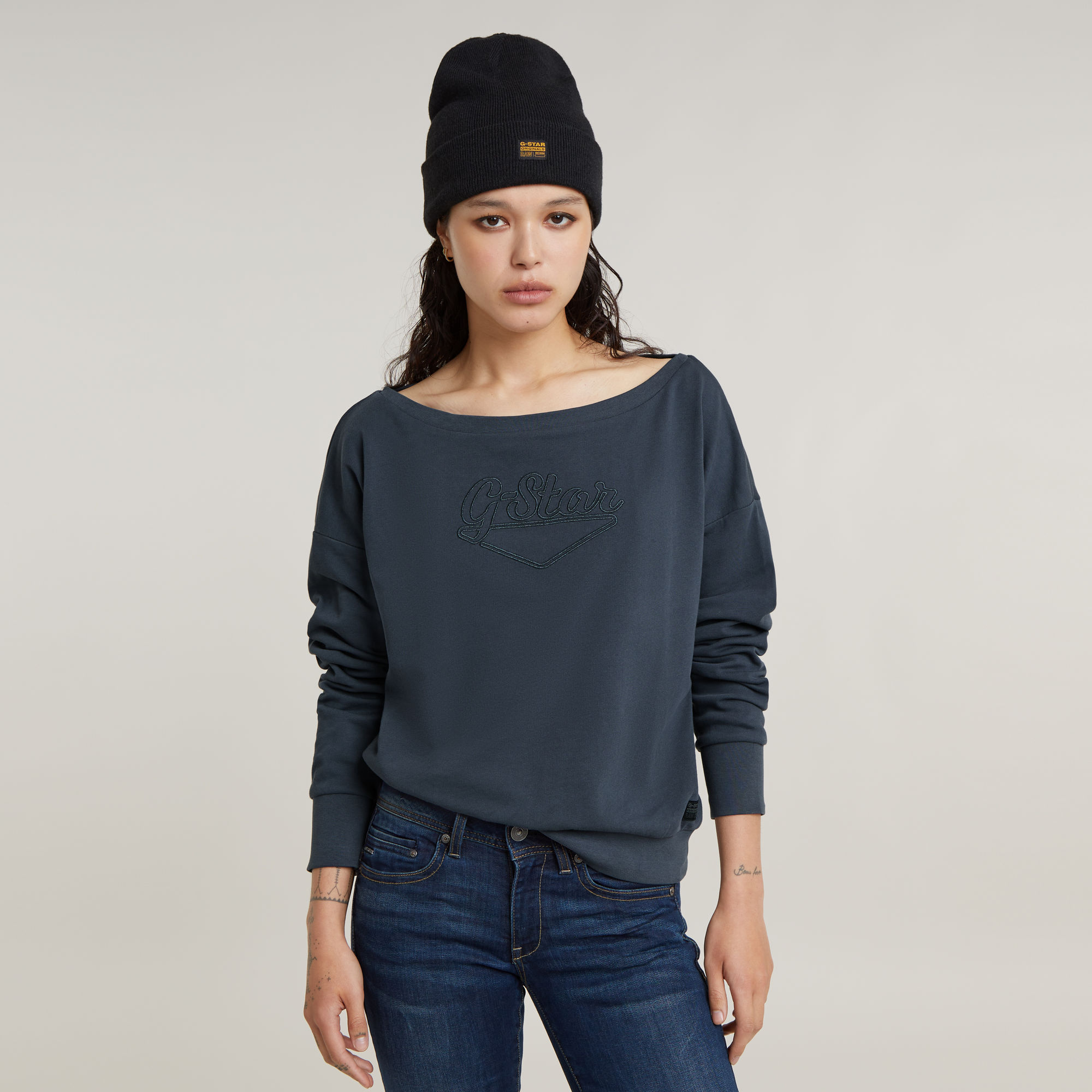 Boat Neck Loose Sweatshirt - Grau - Damen