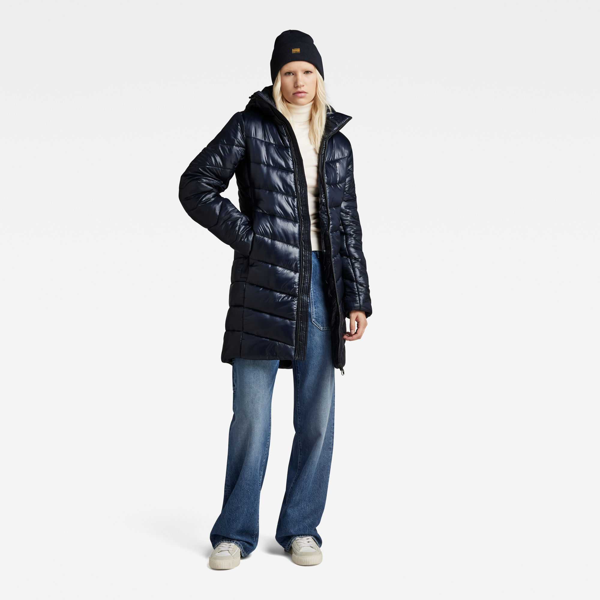 G-Star RAW Lange Jas Met Capuchon Slim Donkerblauw Dames