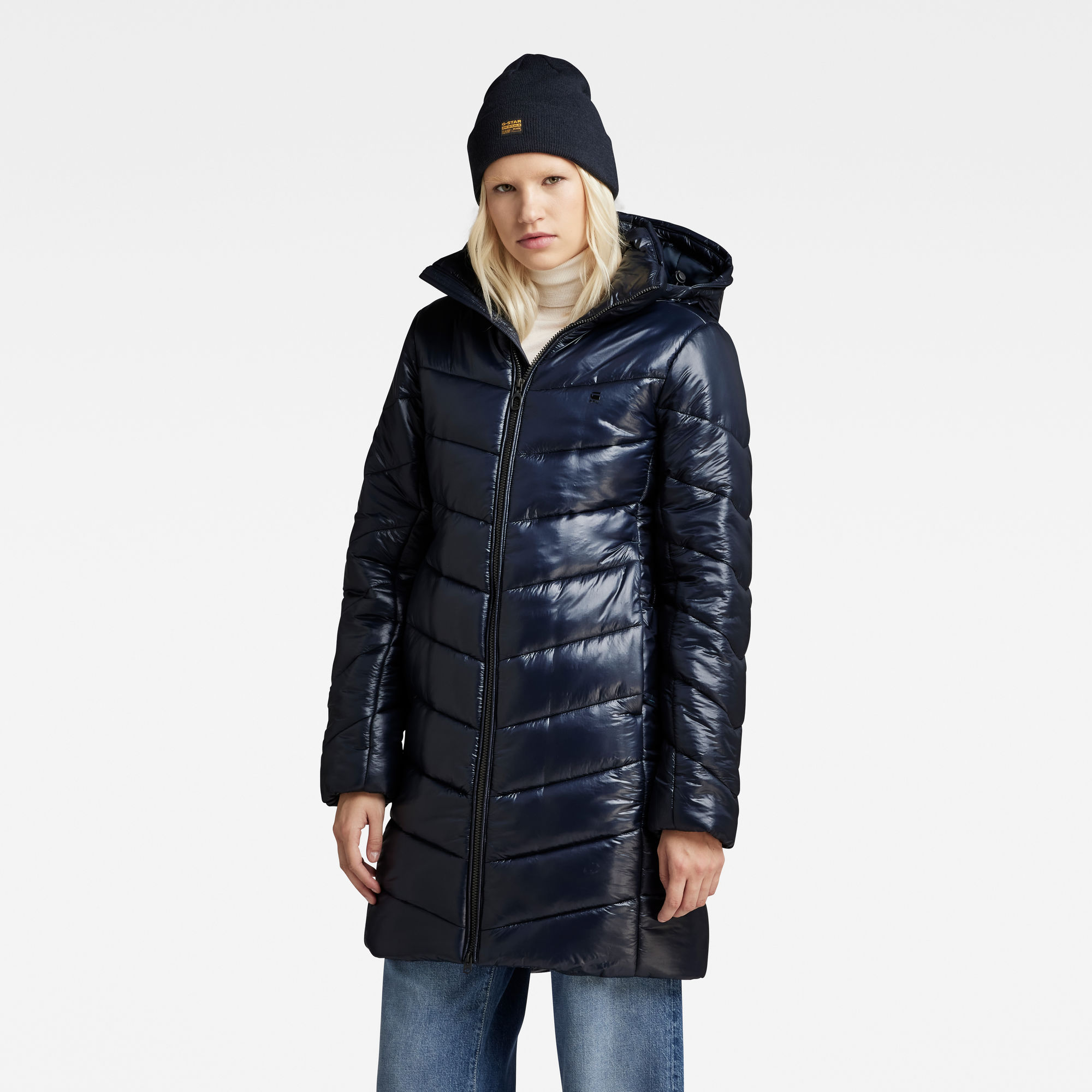 G-Star RAW Lange Jas Met Capuchon Slim Donkerblauw Dames