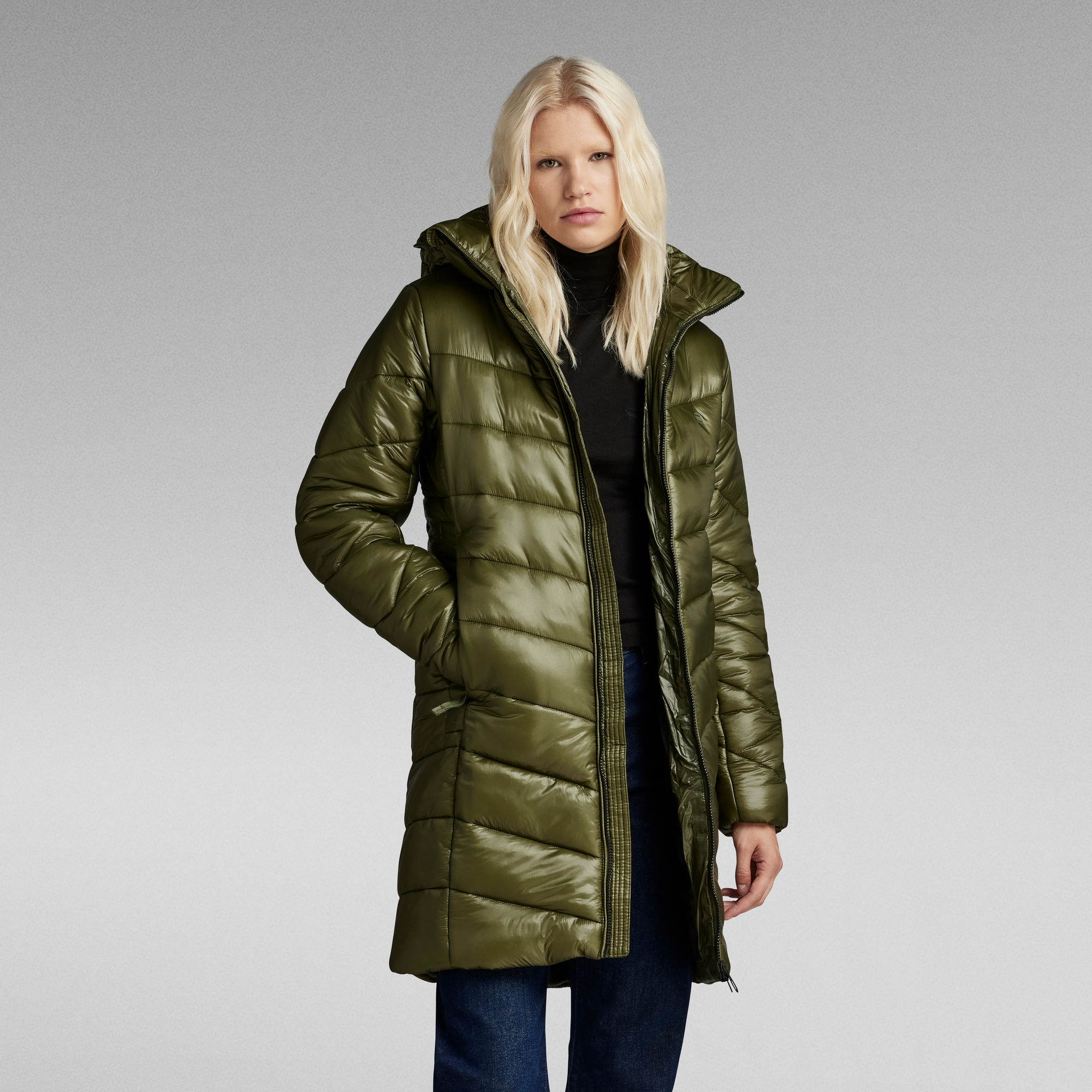 Slim Hooded Long Mantel - Grün - Damen