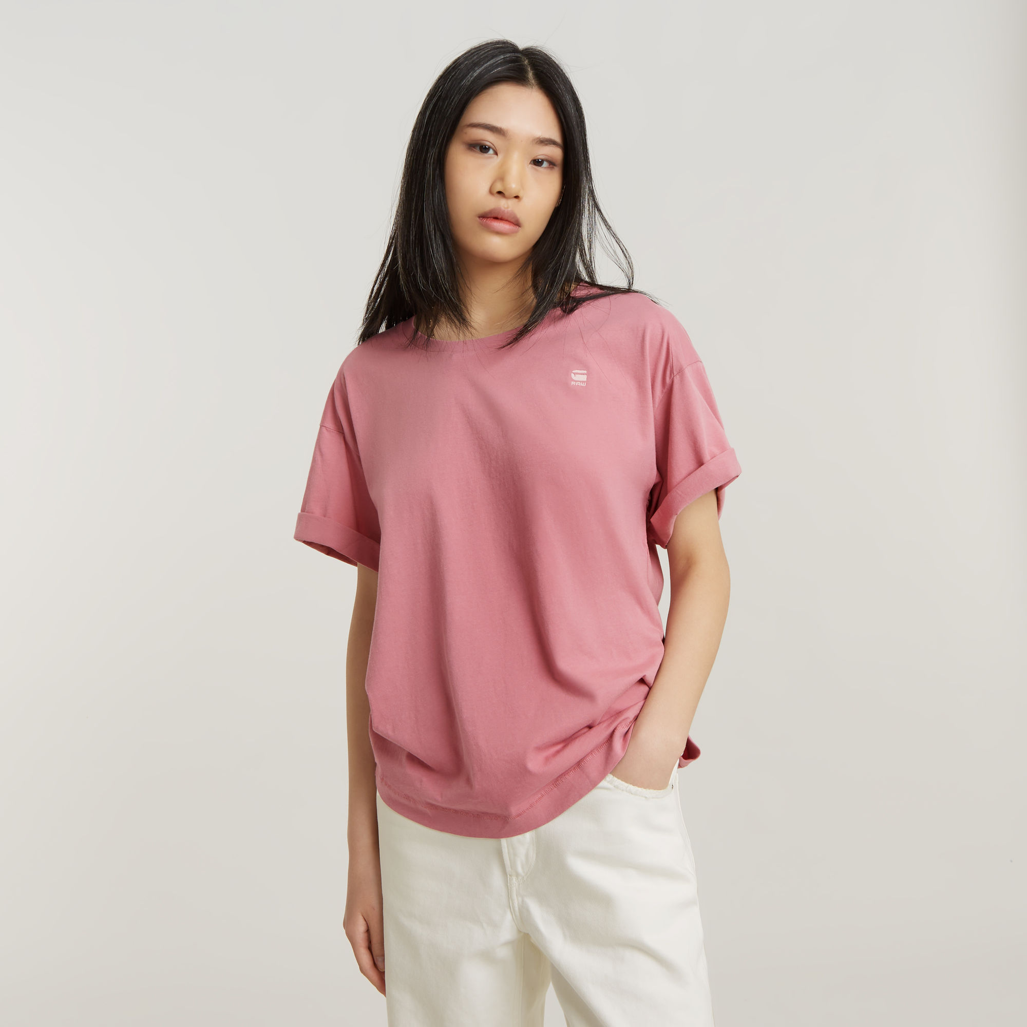 

Rolled Up Sleeve Boyfriend Top - Pink - Women