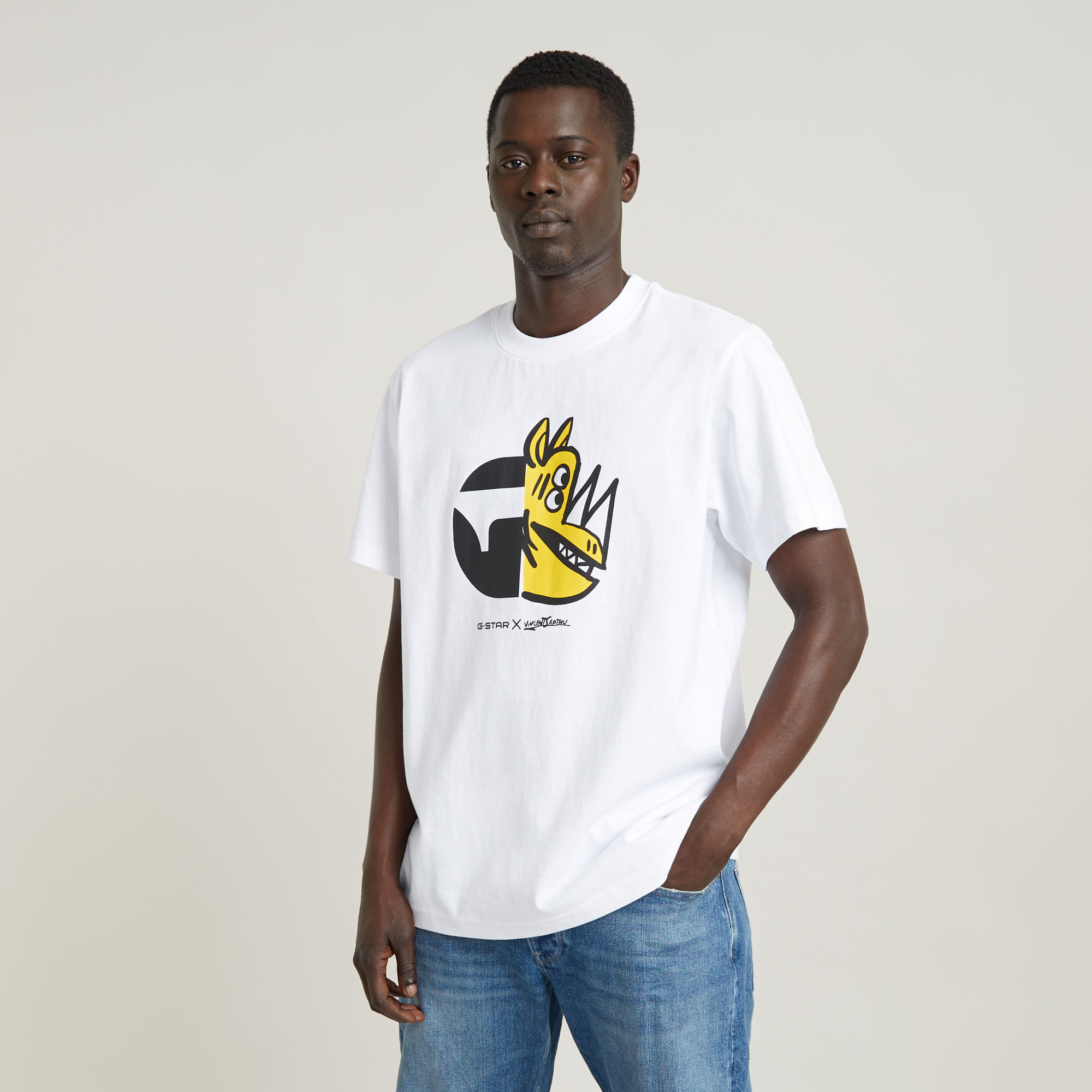 

Unisex Rhino Cartoon Loose T-Shirt - White - Men