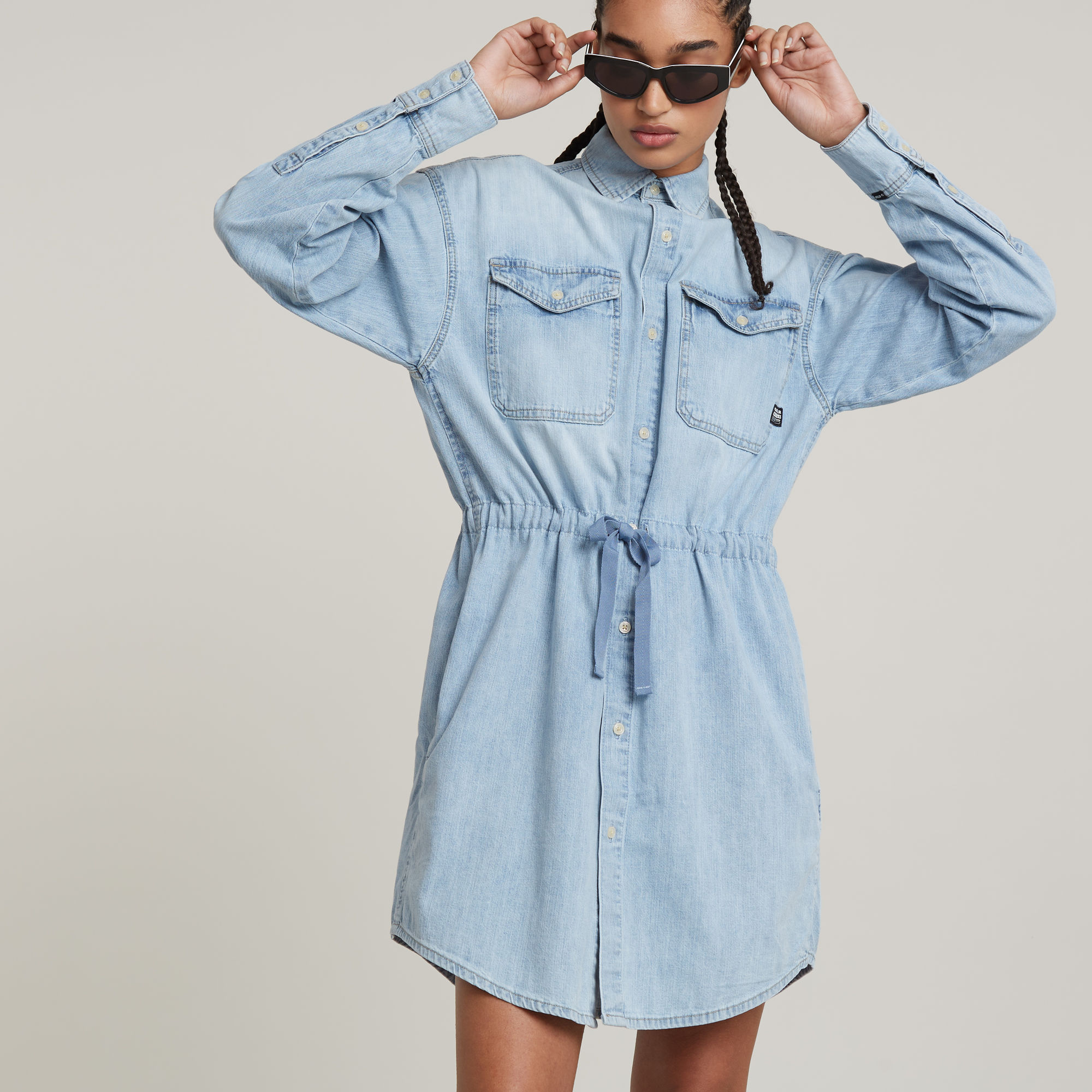 

Relaxed Drawcord Denim Dress - Light blue - Women