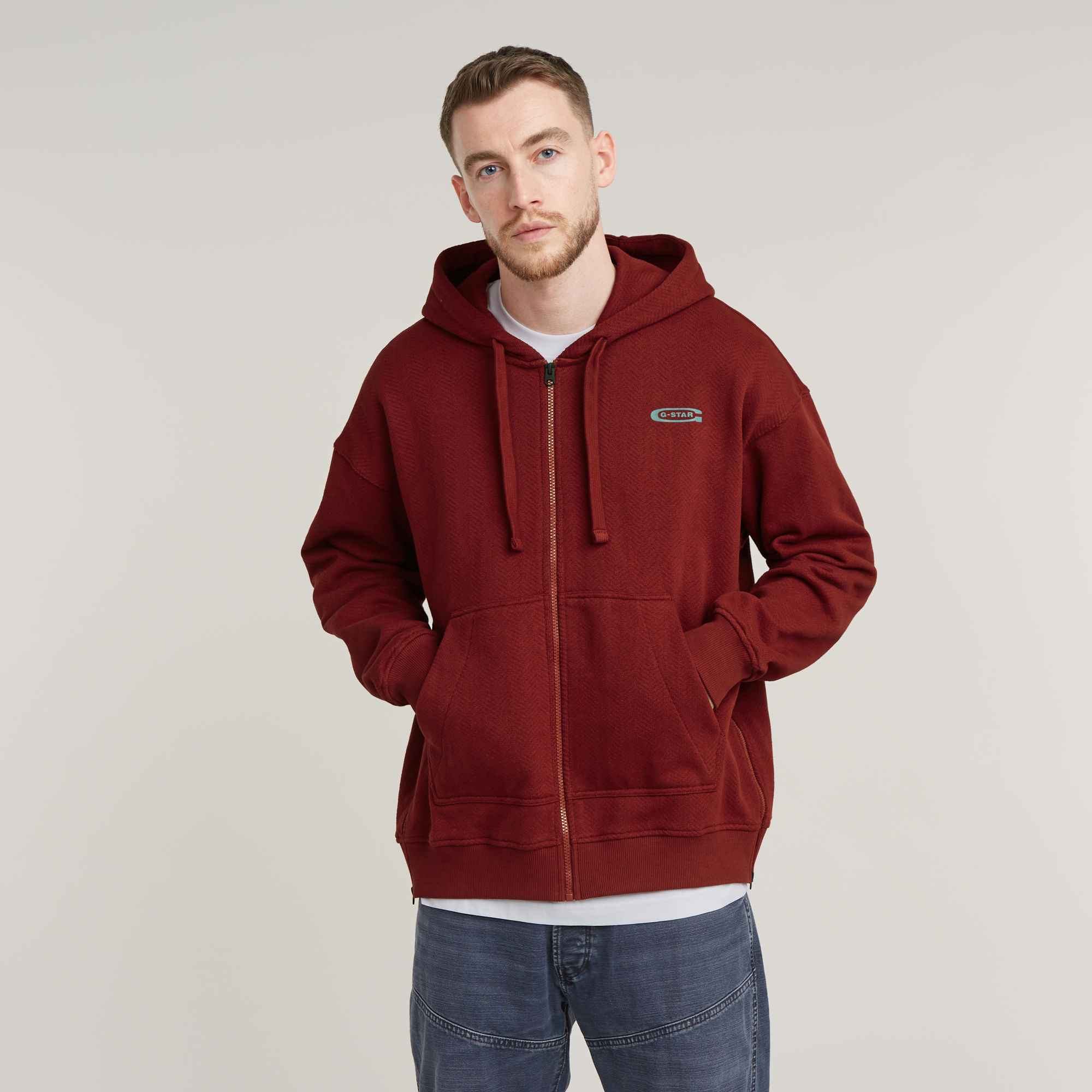 

Multi Zip Thru Loose Hooded Sweater - Red - Men