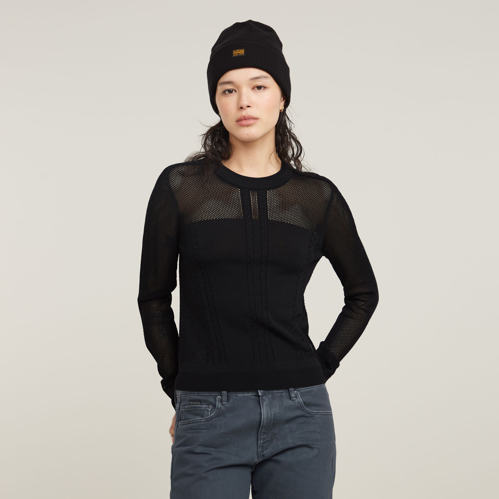 

Pointelle Knitted Sweater - Black - Women