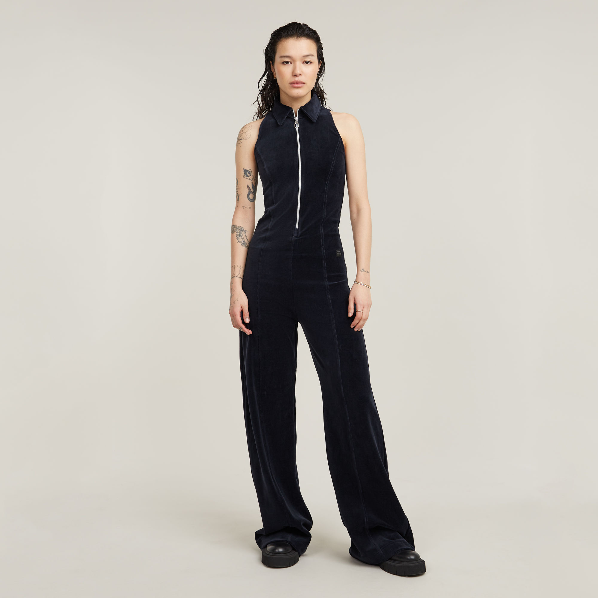 Wide Leg Velvet Jumpsuit - Dunkelblau - Damen