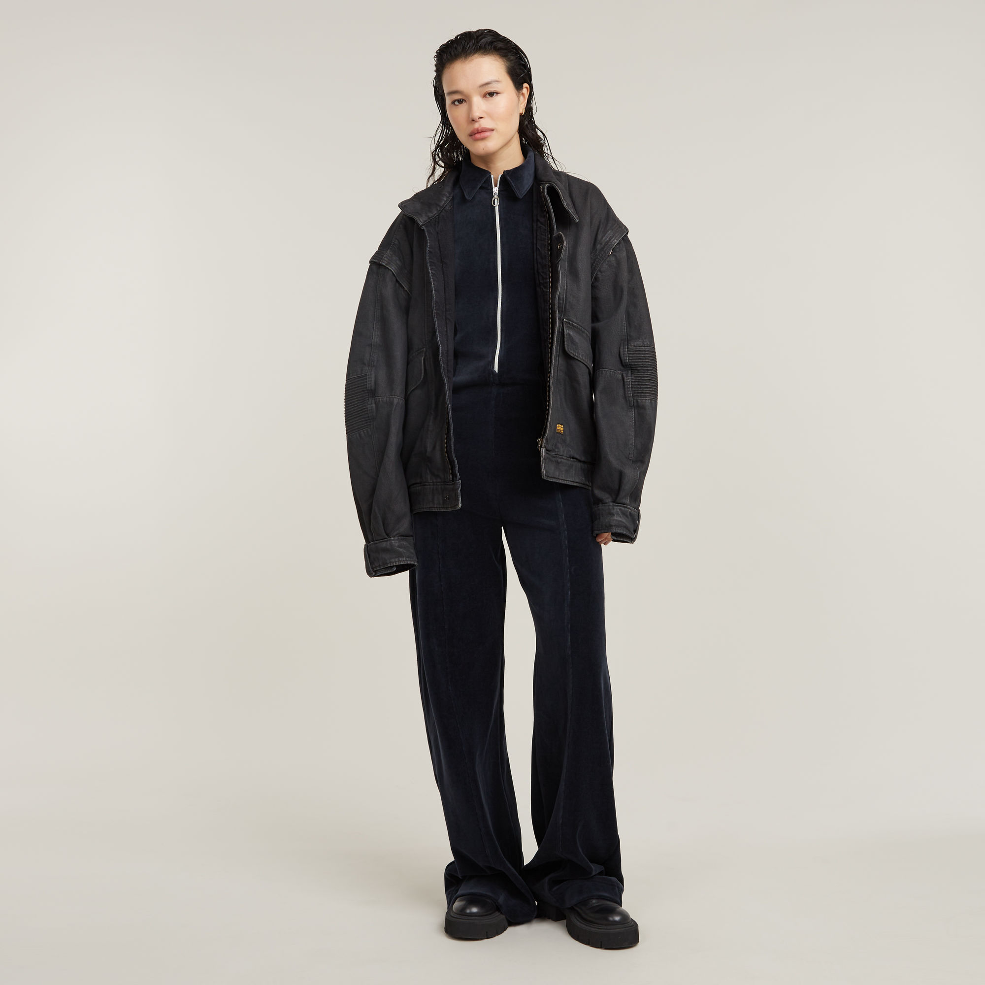 G-Star RAW Wide Leg Velvet Jumpsuit Donkerblauw Dames