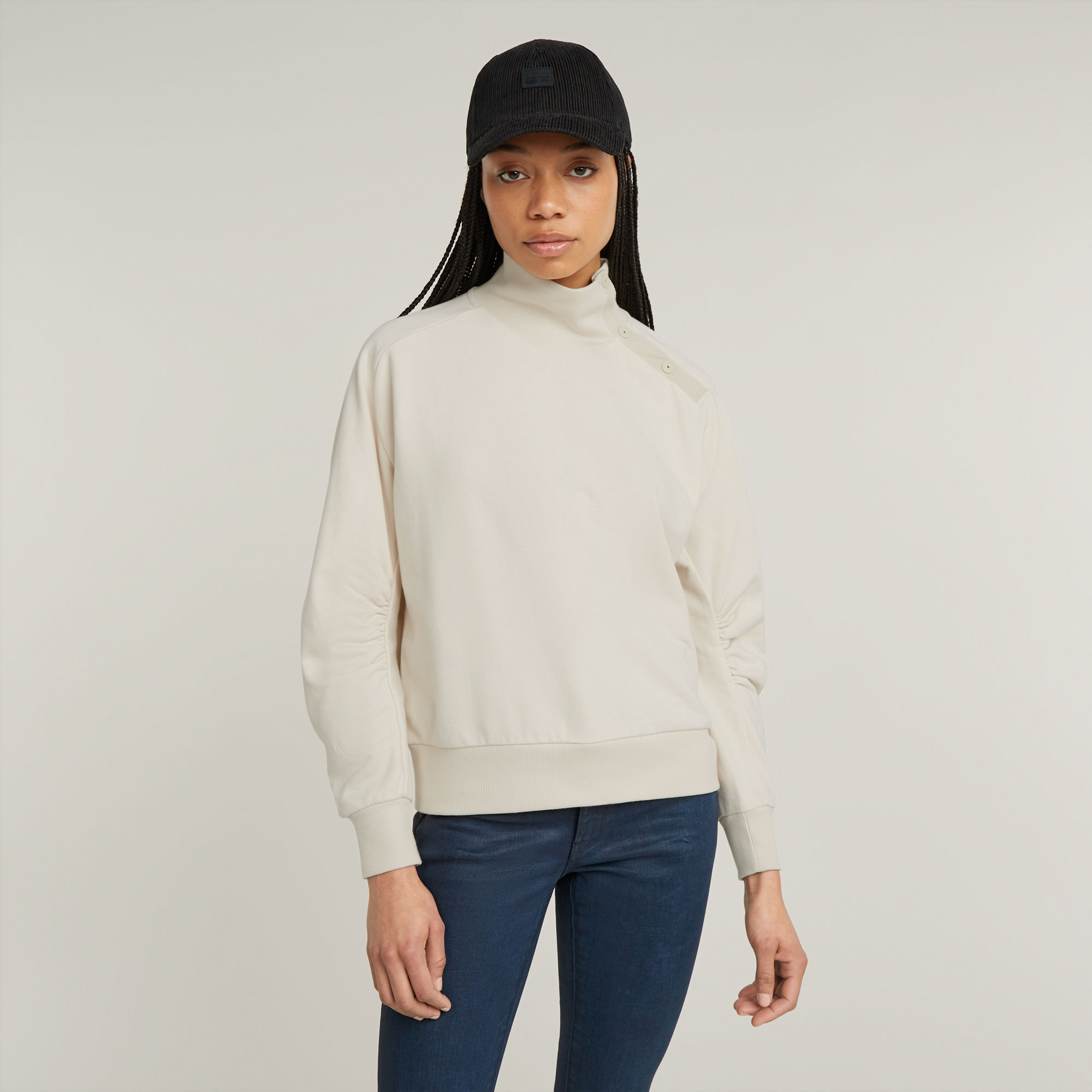 Asymmetric Button Mock Sweater - Weiß - Damen