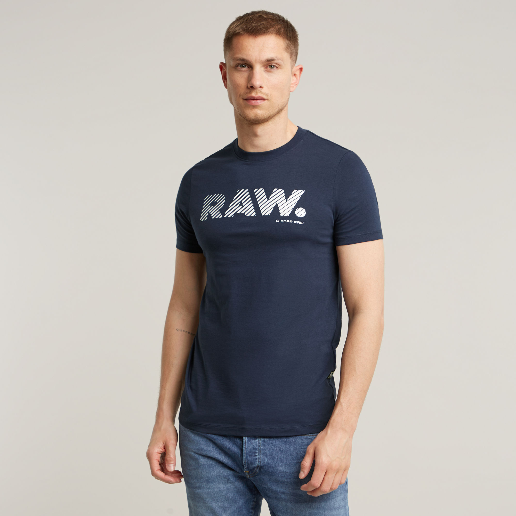 

3D RAW. Logo Slim T-Shirt - Donkerblauw - Heren