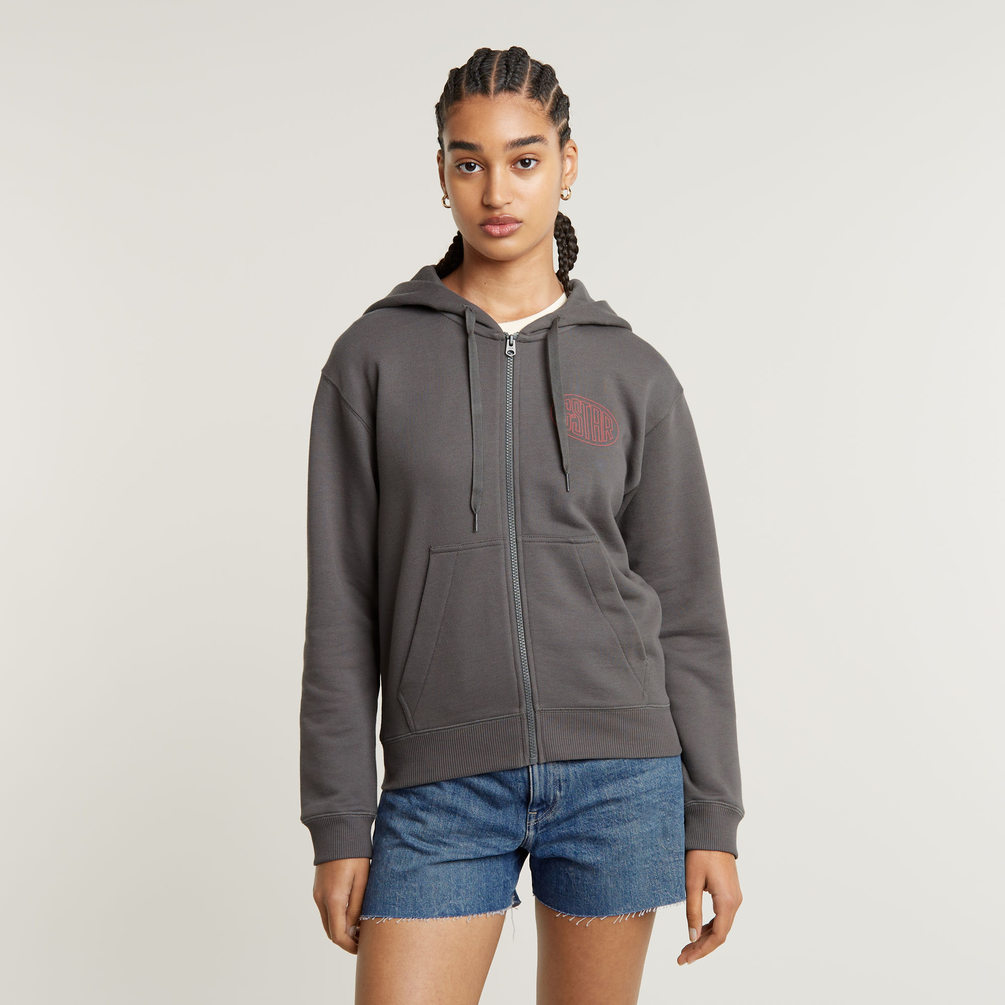 

Chest Graphic Hooded Zip Thru Sweater - Grey - Women