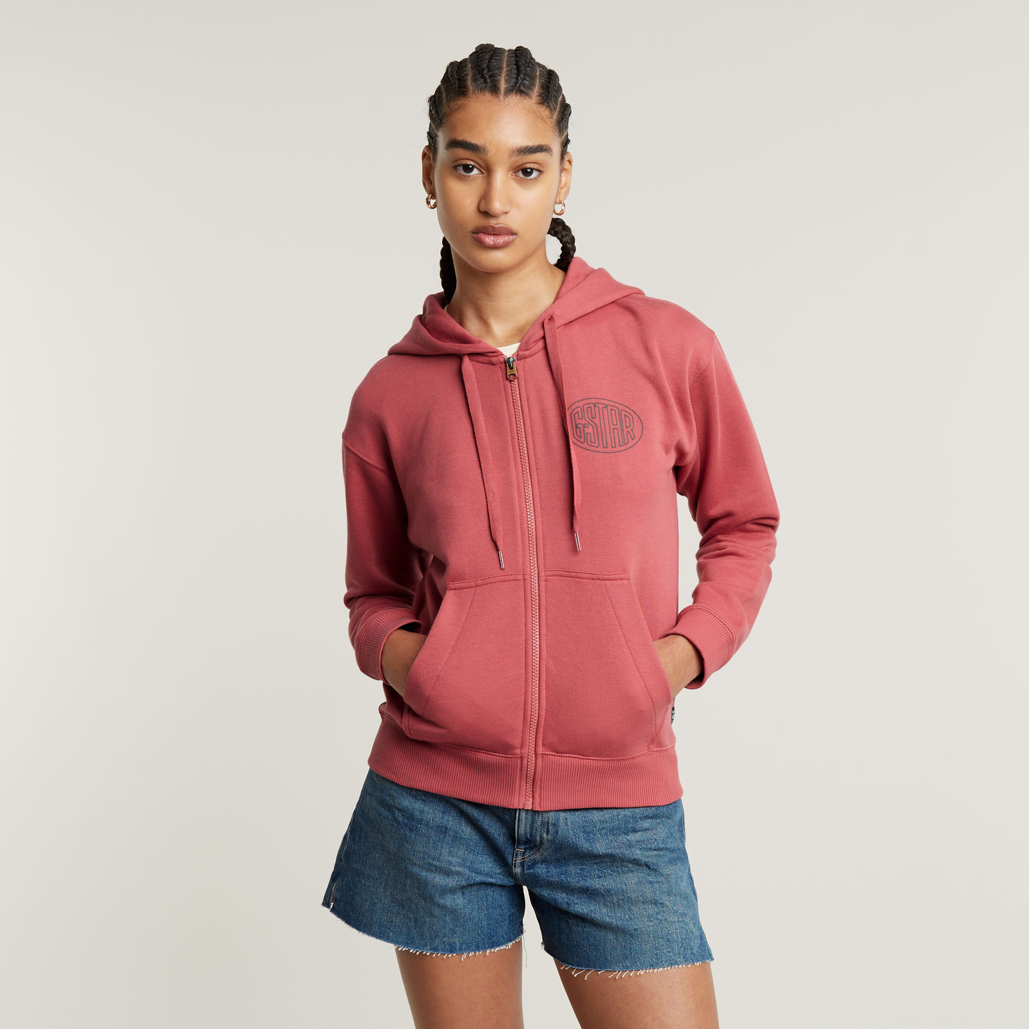 

Chest Graphic Hooded Zip Thru Sweater - Pink - Women