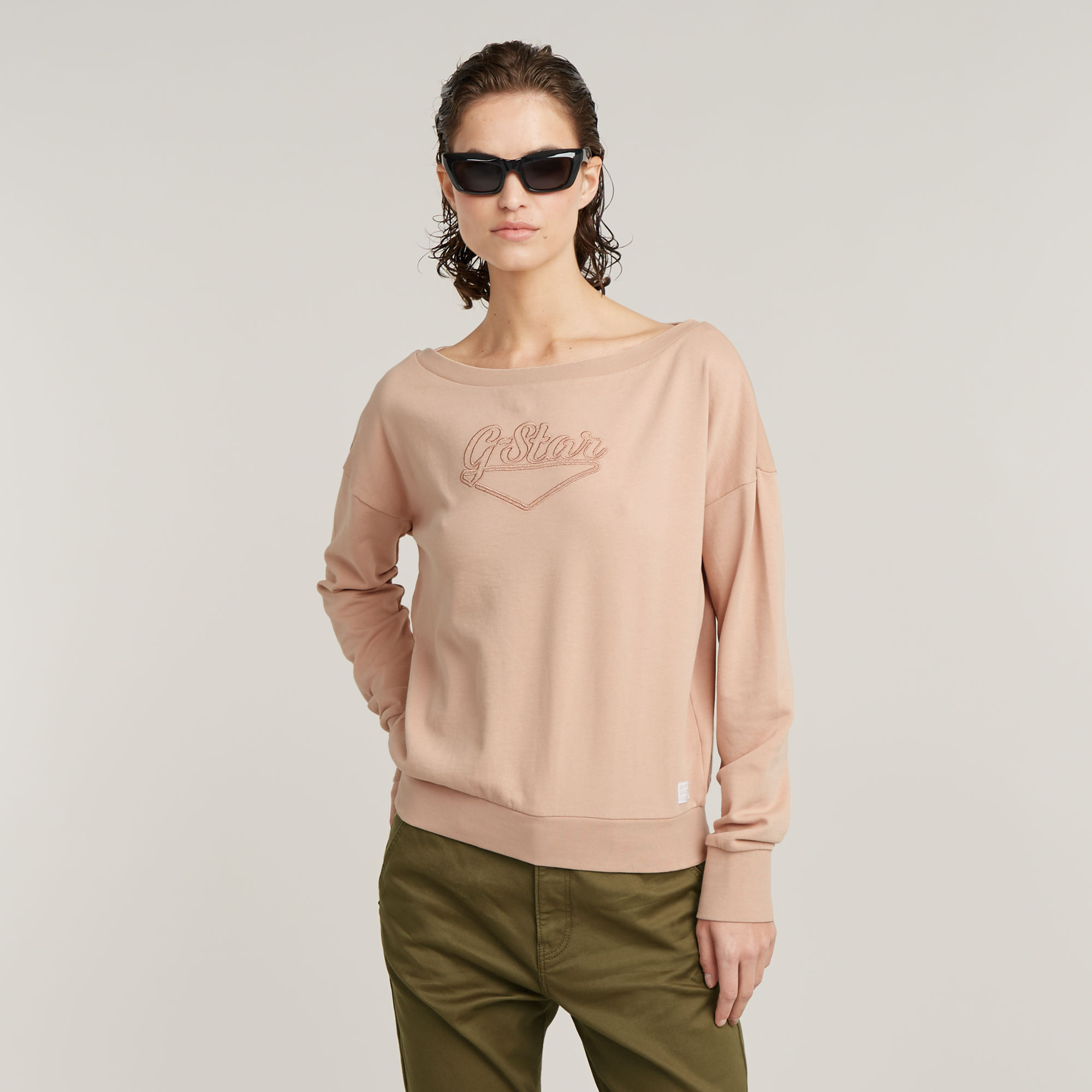 Boat Neck Loose Sweatshirt - Pink - Damen