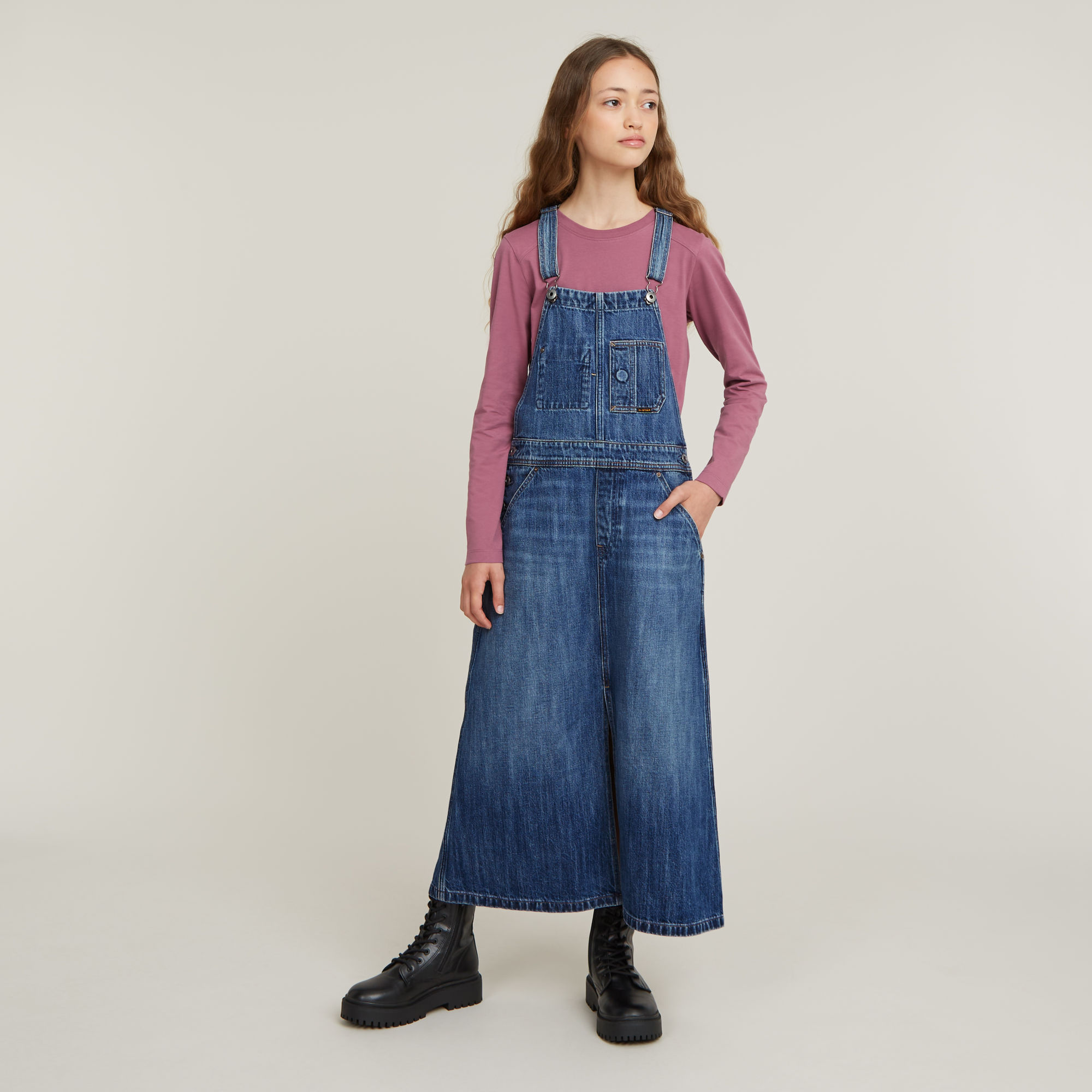 

Girls Dungaree Dress Long - Medium blue - girls
