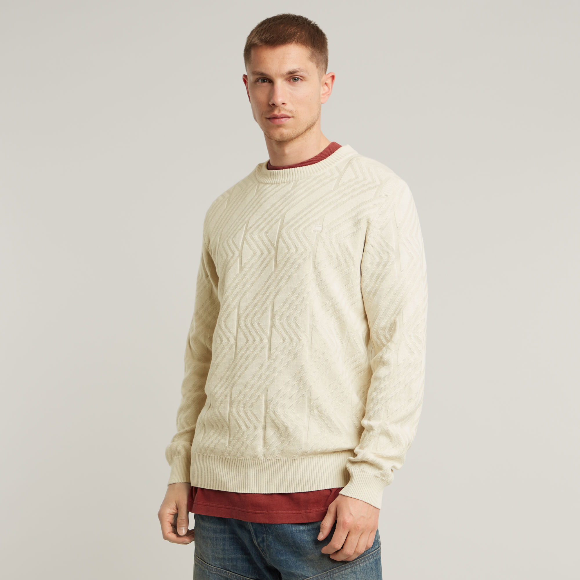 Zig-Zag Structure Knitted Pullover - Weiß - Herren