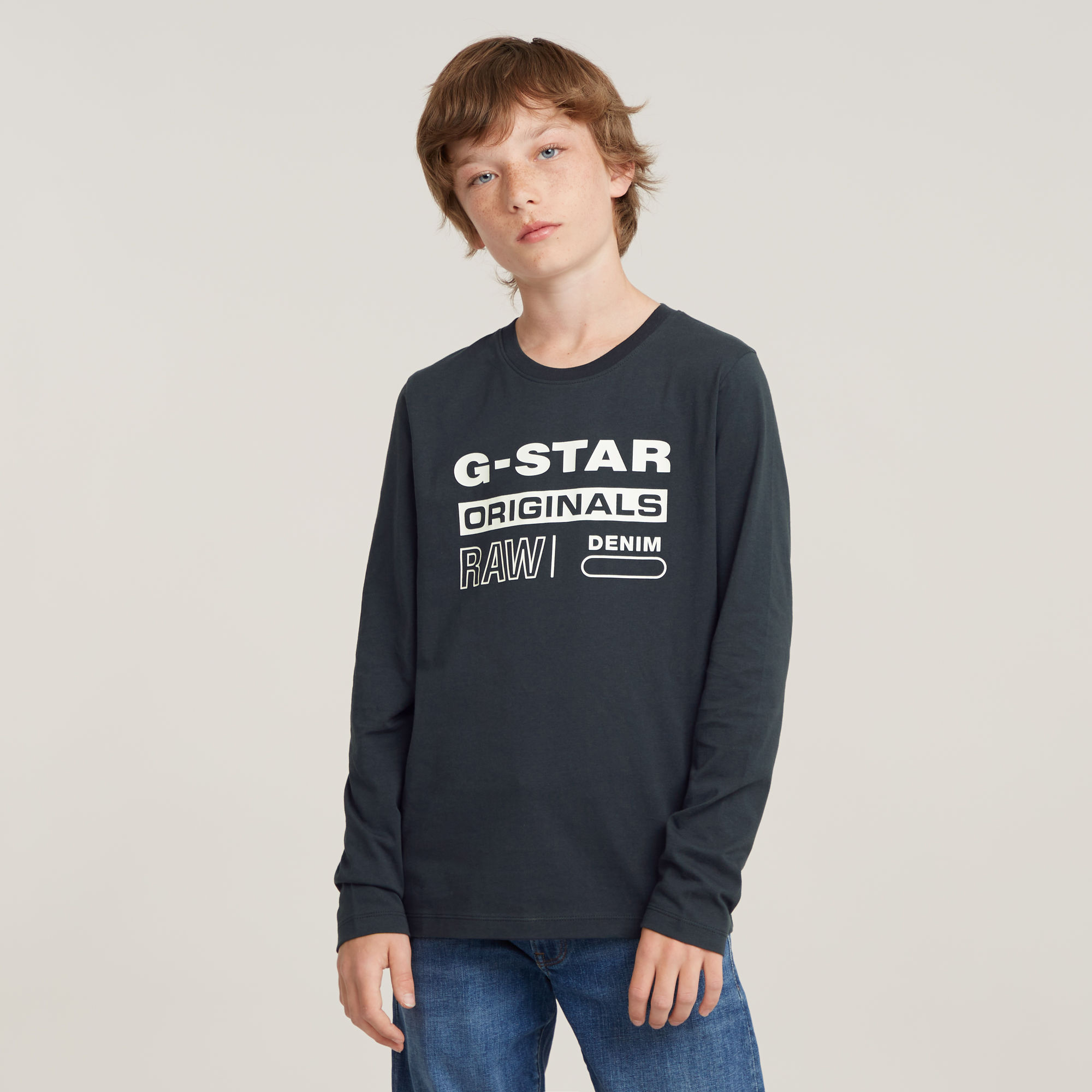 G-Star Raw longsleeve t-shirt l\s regular donkerblauw wit Jongens Katoen Ronde hals 152