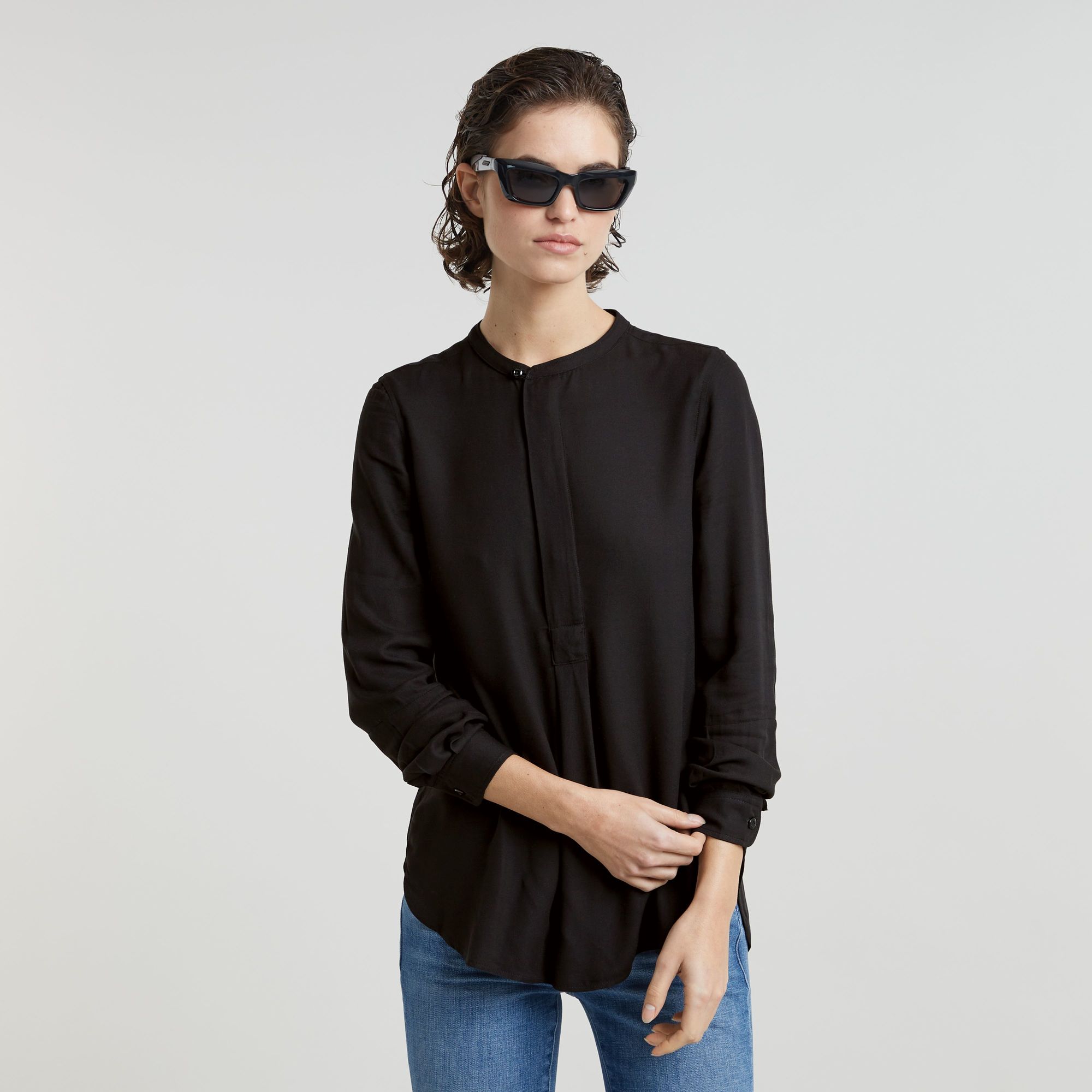 Half Placket Top - Schwarz - Damen