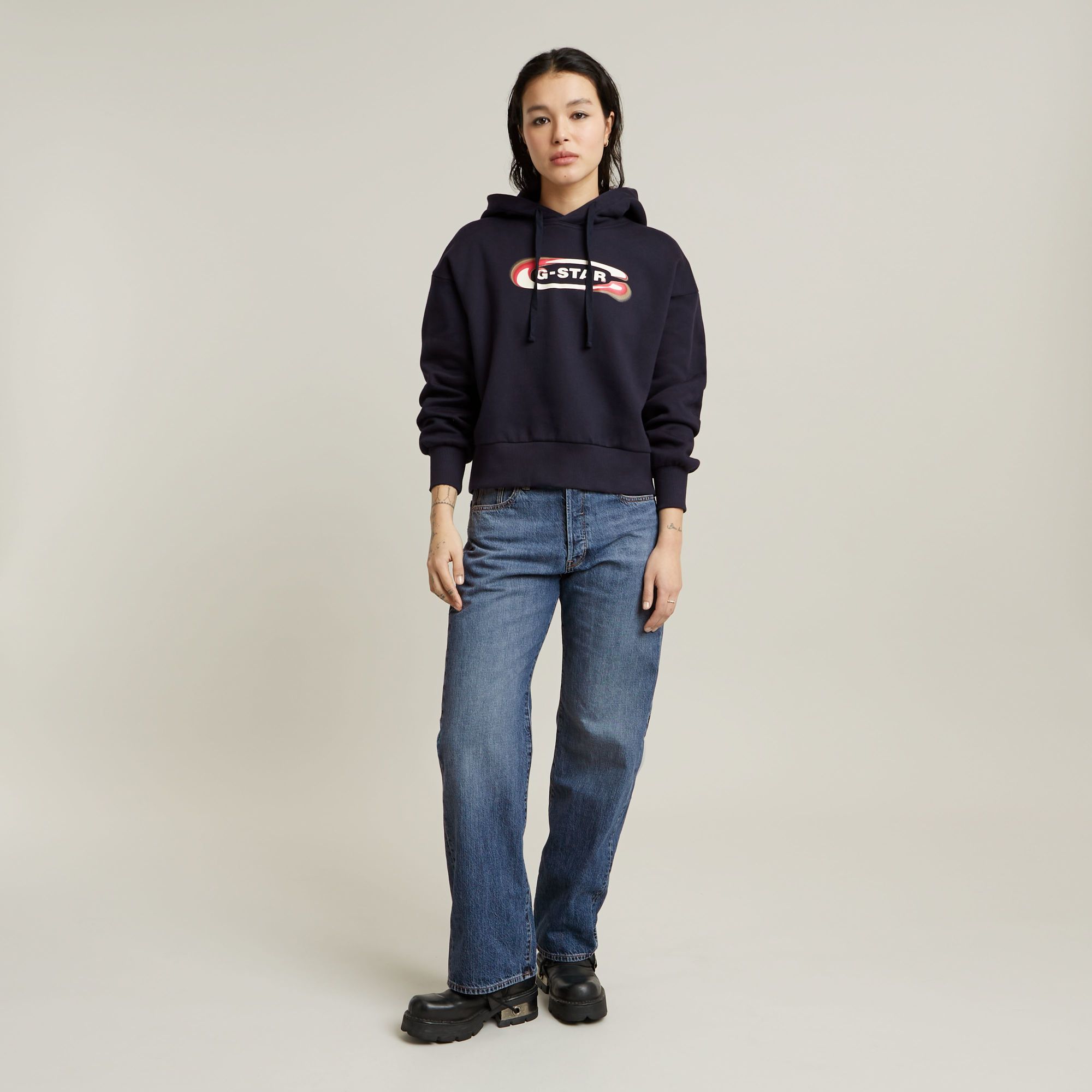 G-Star RAW Old Skool Logo Loose Hoodie Donkerblauw Dames