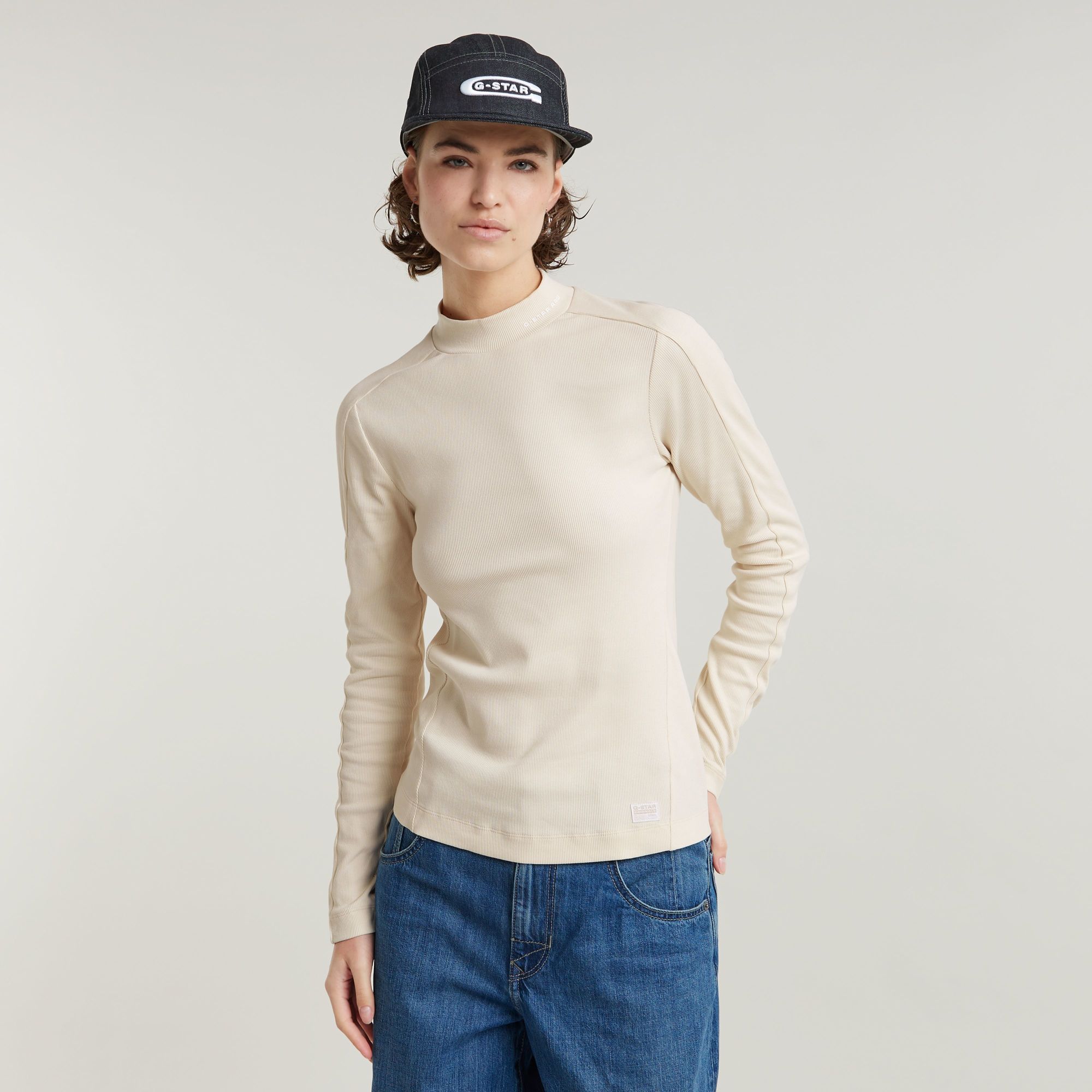 G-Star RAW Longsleeve Rib Mock Top met merkenopdruk op de kraag