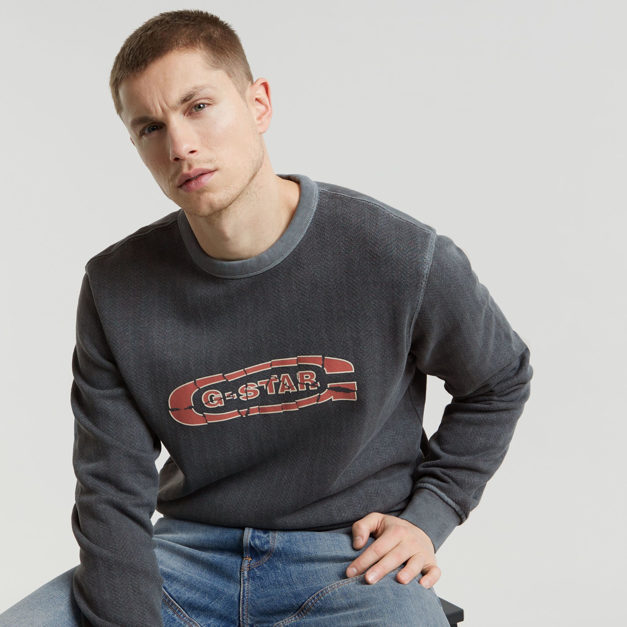 G-Star RAW Destroyed G Logo Washed Sweater Zwart Heren