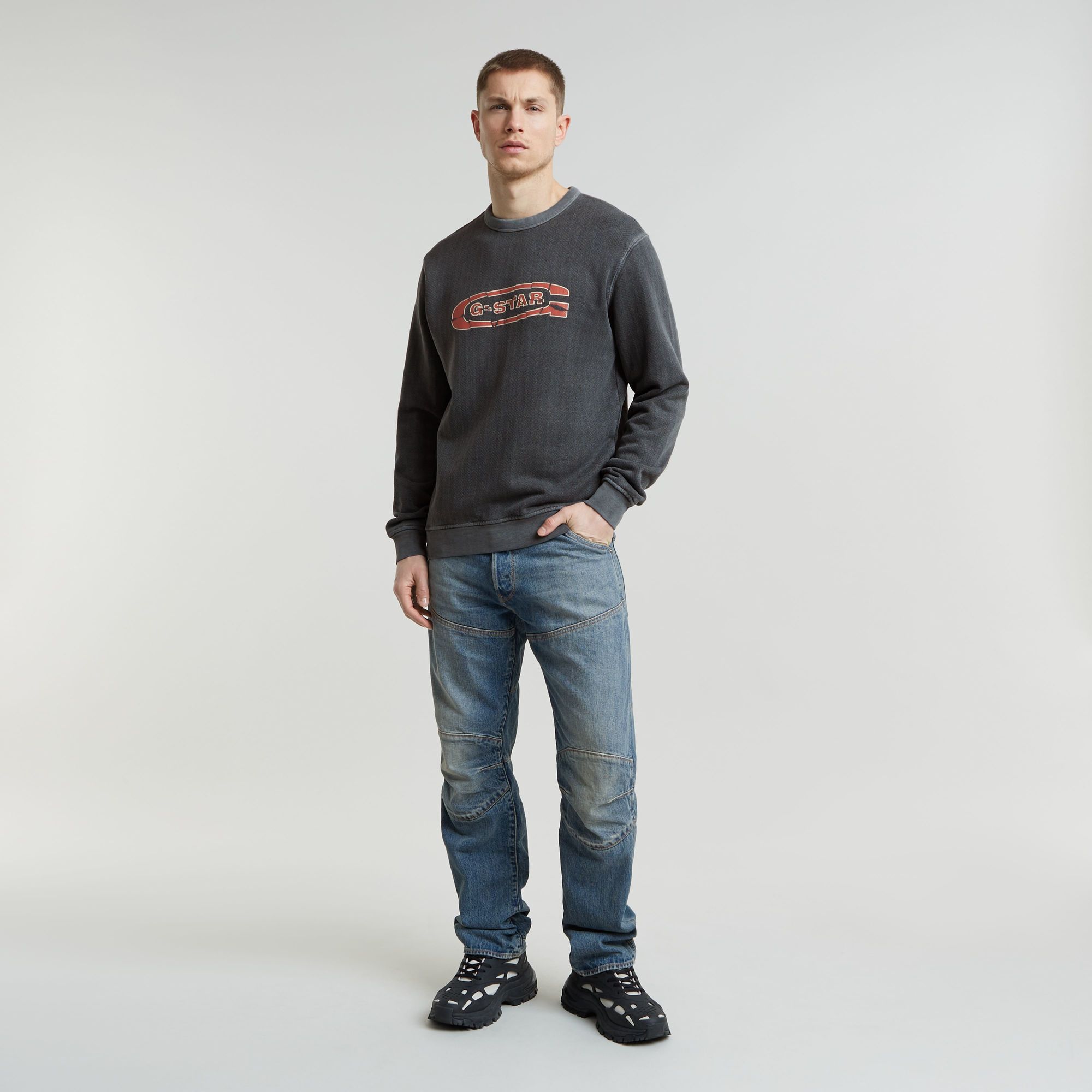 G-Star RAW Destroyed G Logo Washed Sweater Zwart Heren