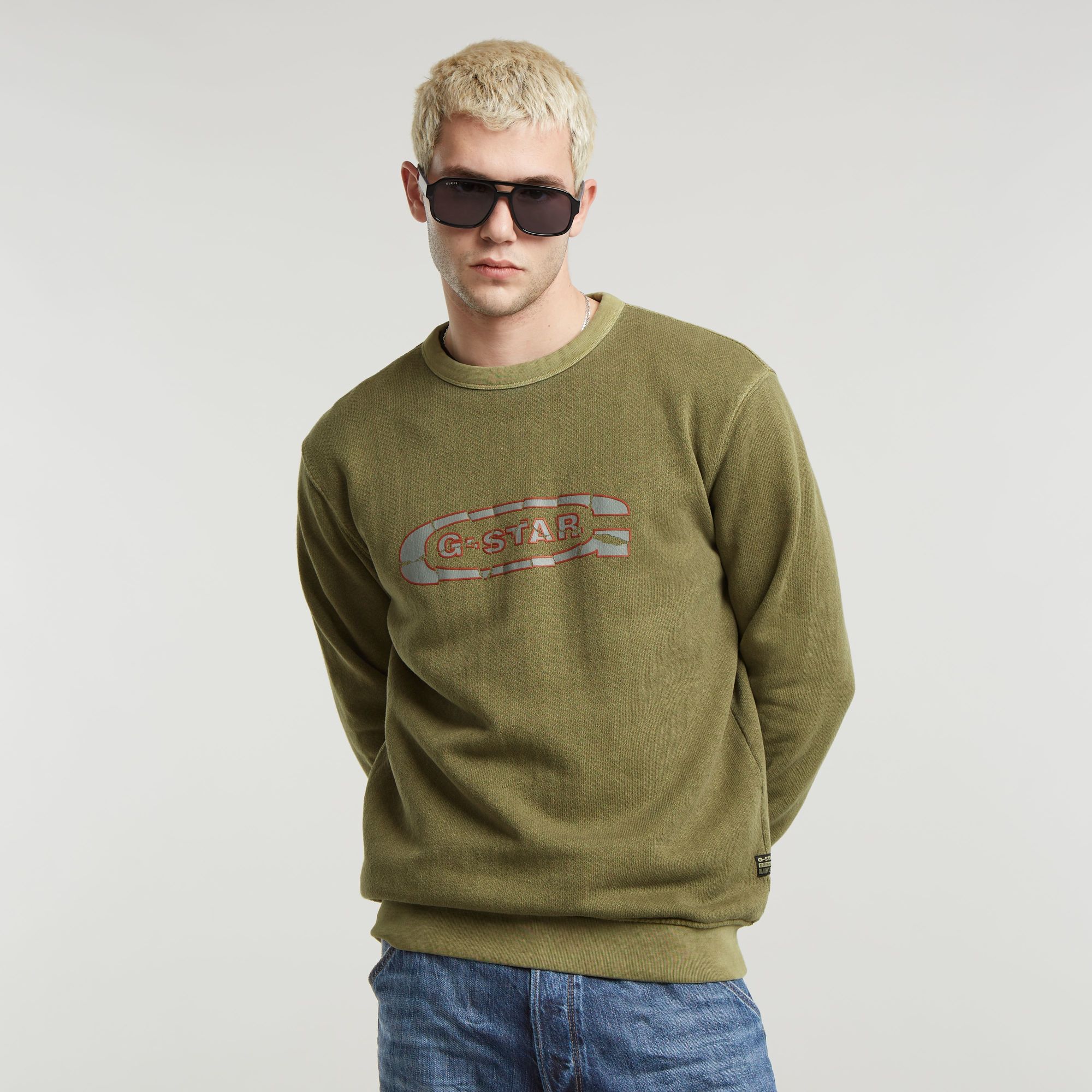 G-Star RAW Destroyed G Logo Washed Sweater Groen Heren