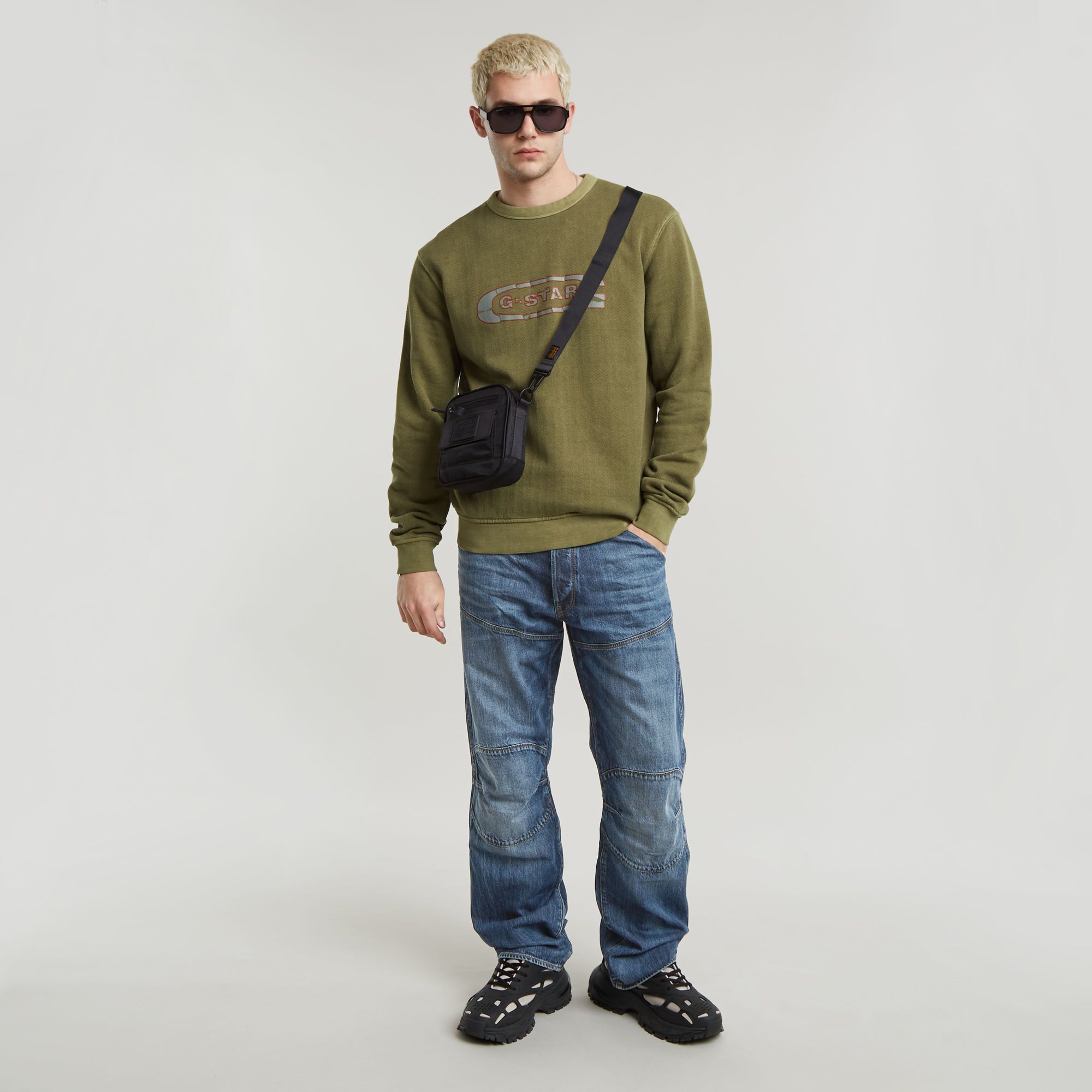 G-Star RAW Destroyed G Logo Washed Sweater Groen Heren
