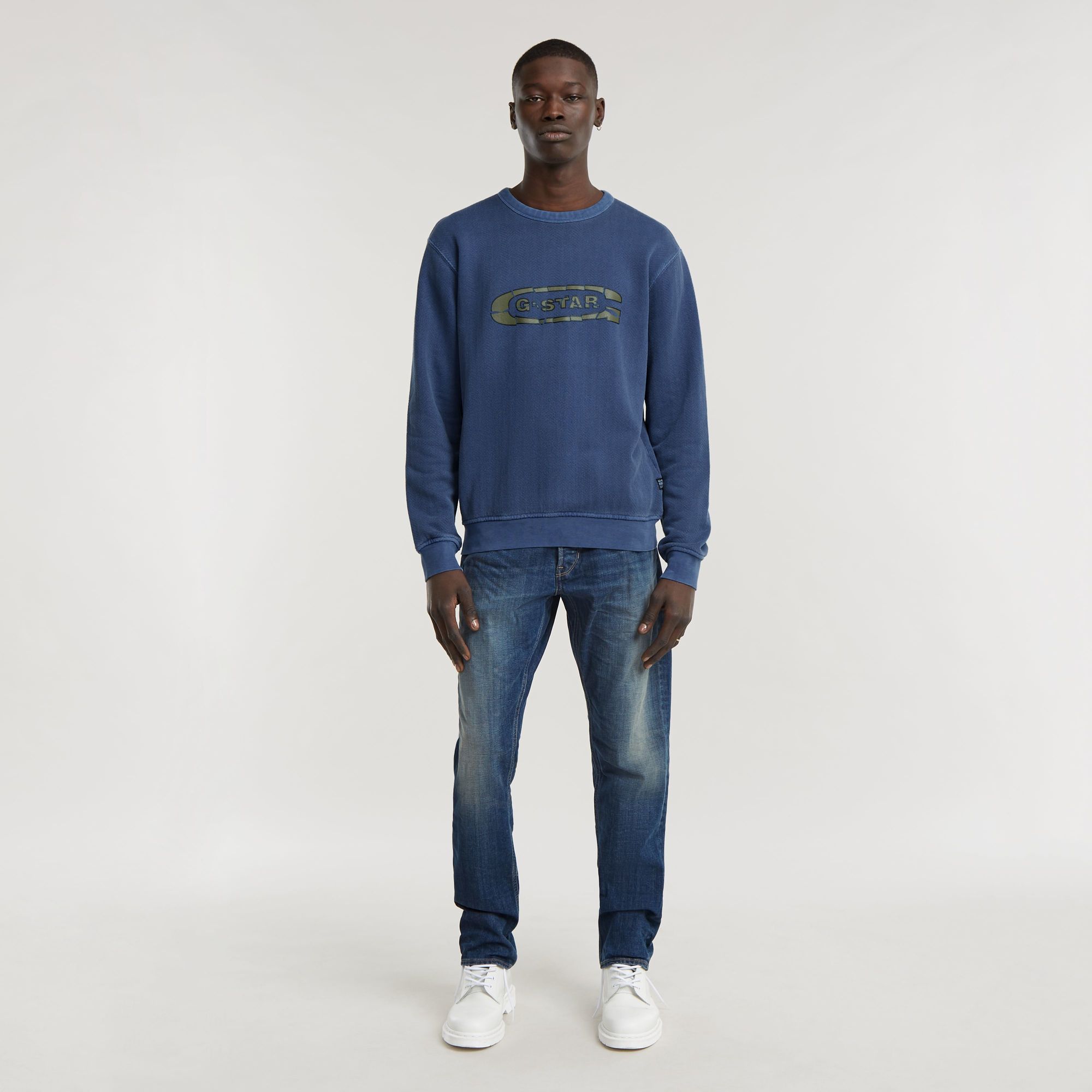 G-Star RAW Destroyed G Logo Washed Sweater Donkerblauw Heren
