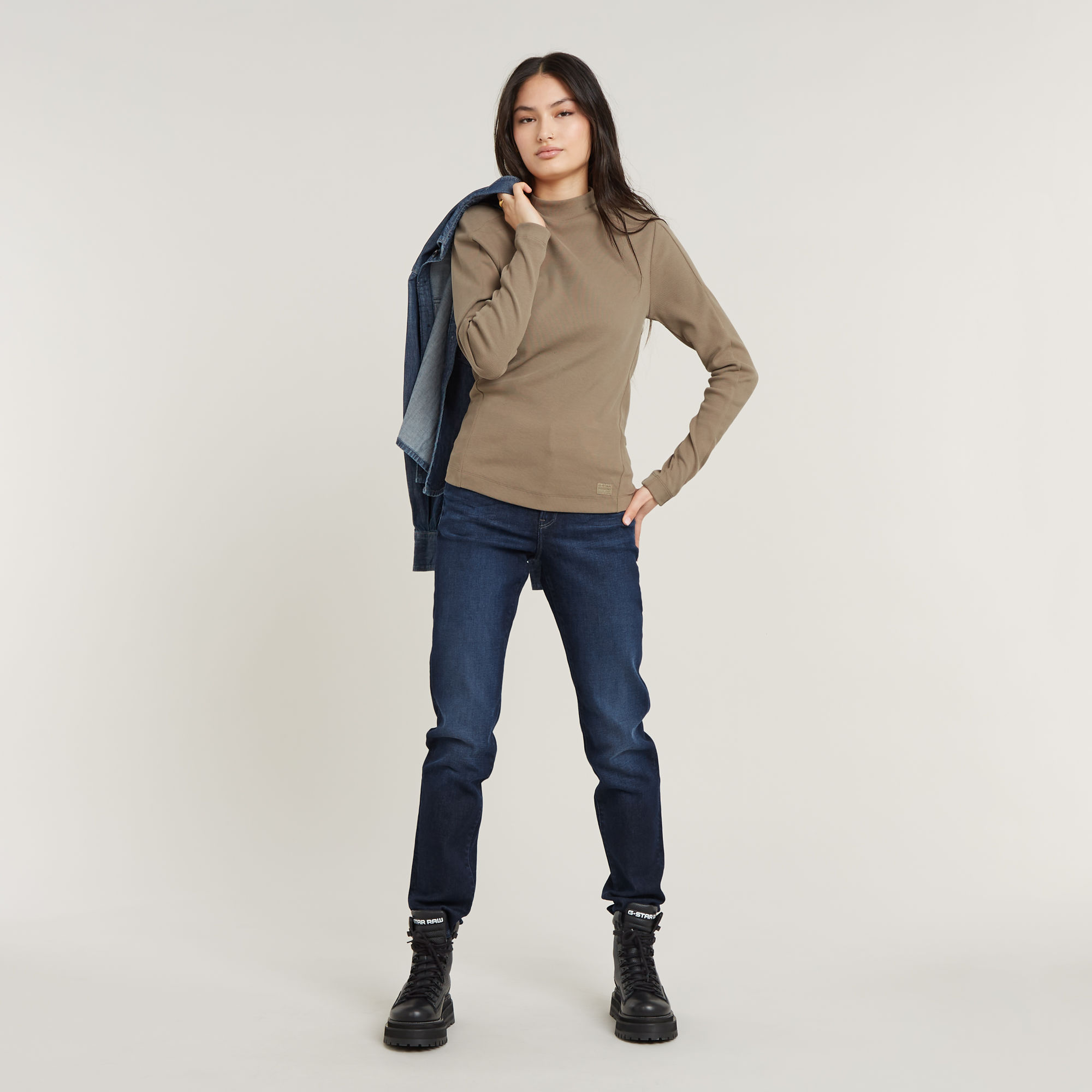 G-Star RAW Slim Rib Mock Top Beige Dames