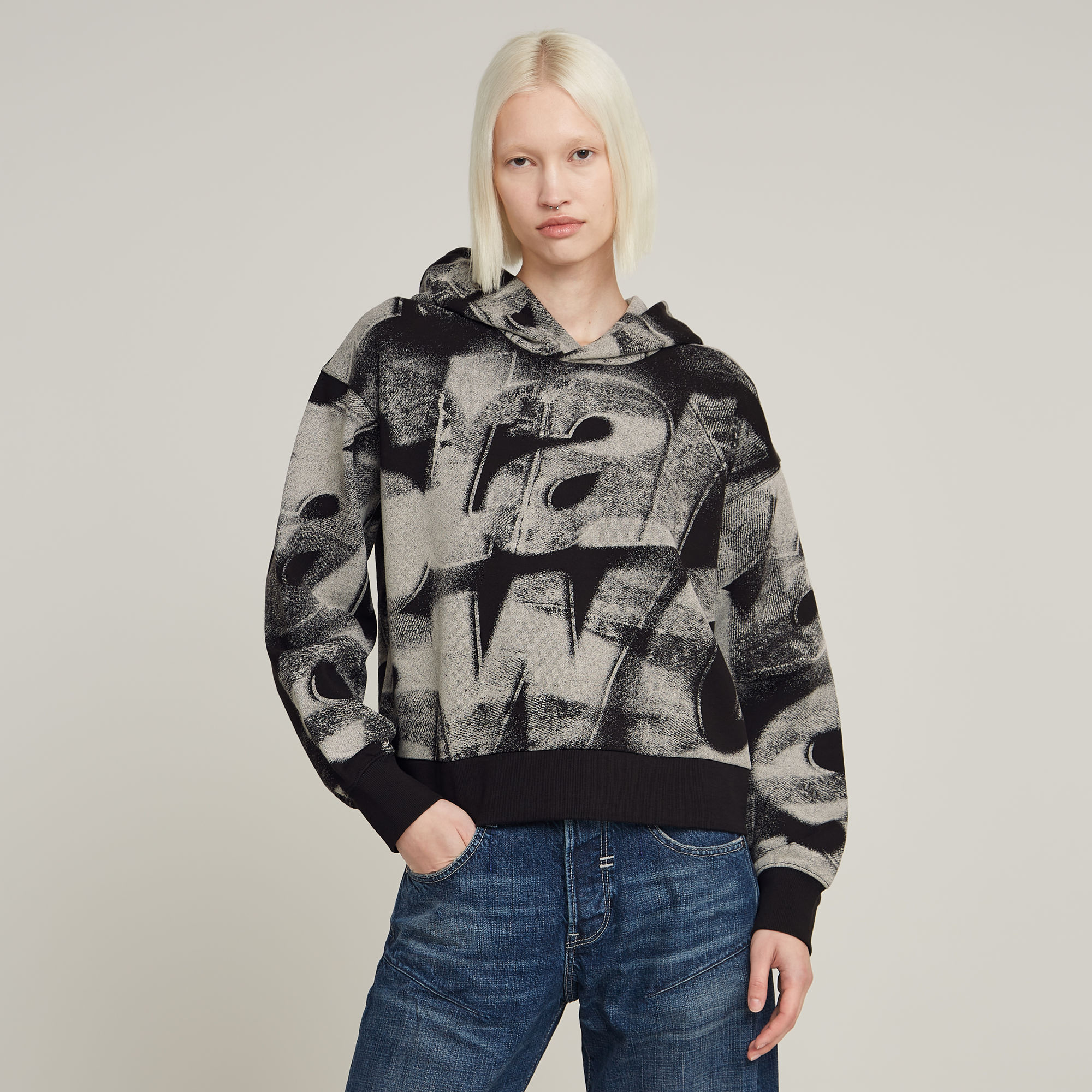 Sprayed Letters Loose Hooded Sweatshirt - Mehrfarbig - Damen