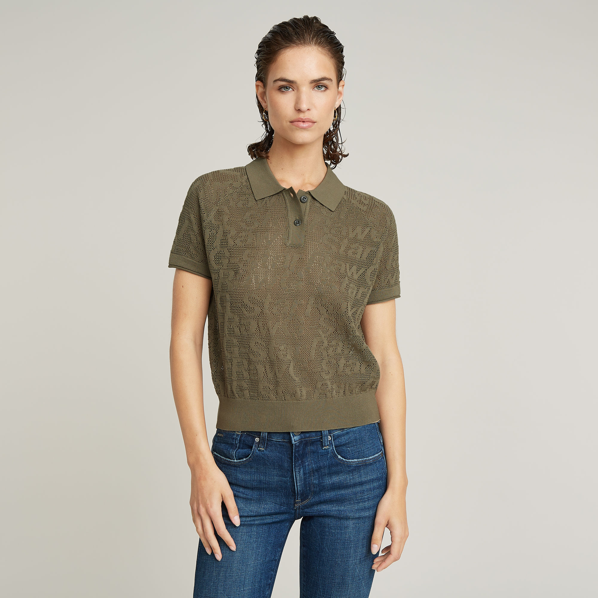 

Pointelle Lightweight Knitted Polo - Green - Women