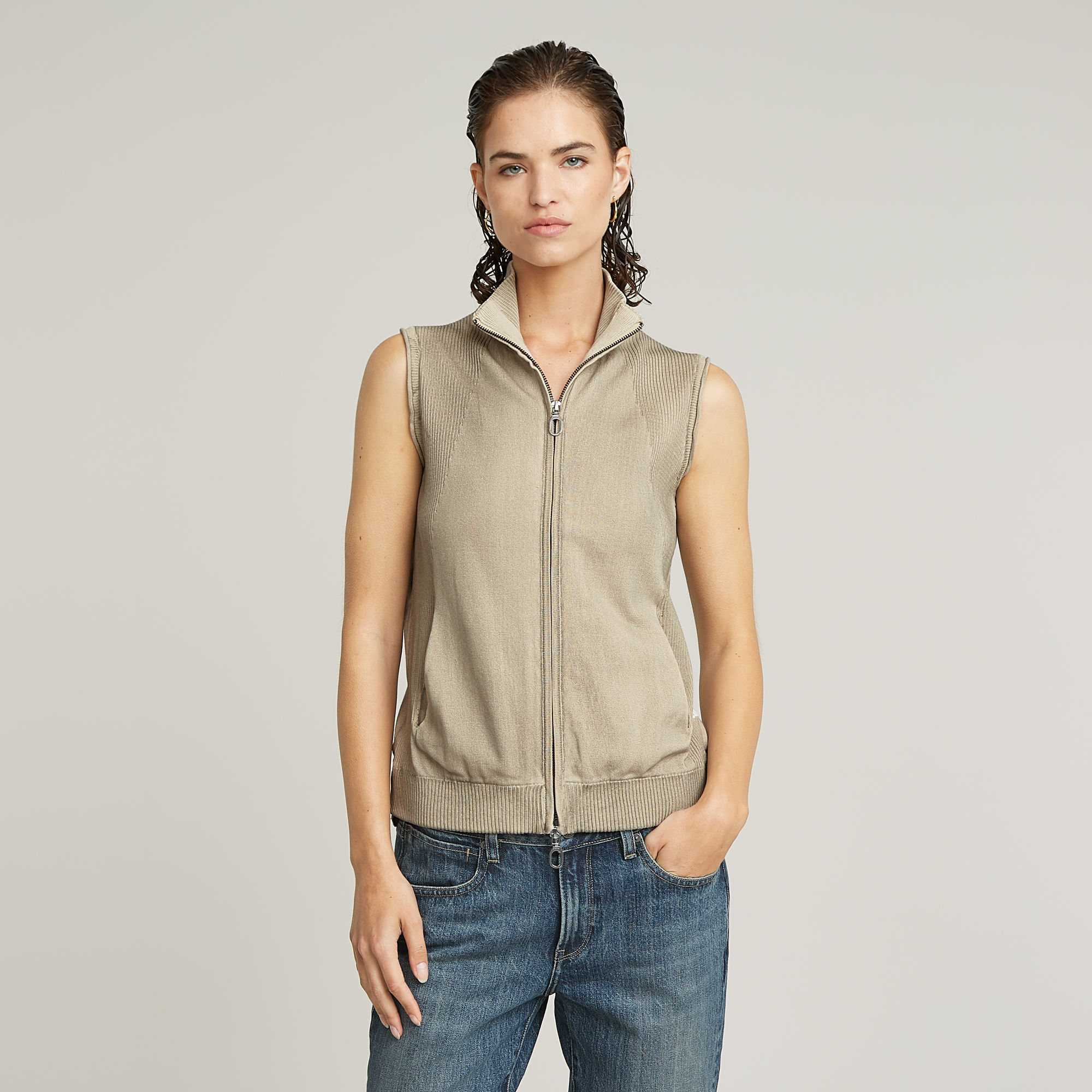 Washed Lightweight Zip Knitted Top - Beige - Damen