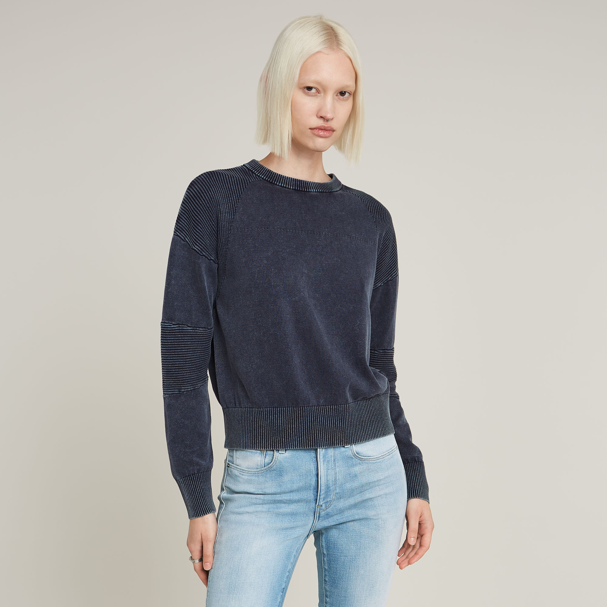 Washed Lightweight Biker Knitted Sweater - Dunkelblau - Damen