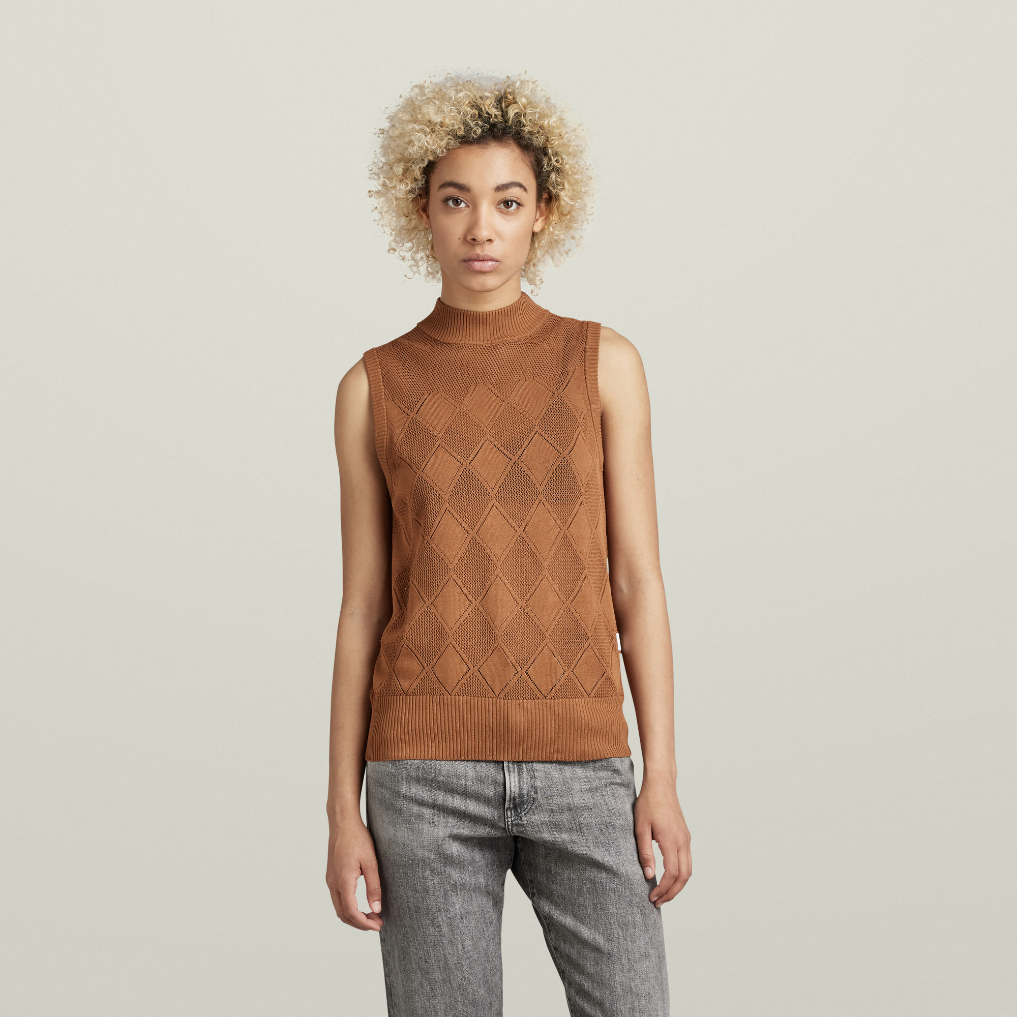 

Pointelle Mock Knitted Sweater - Brown - Women