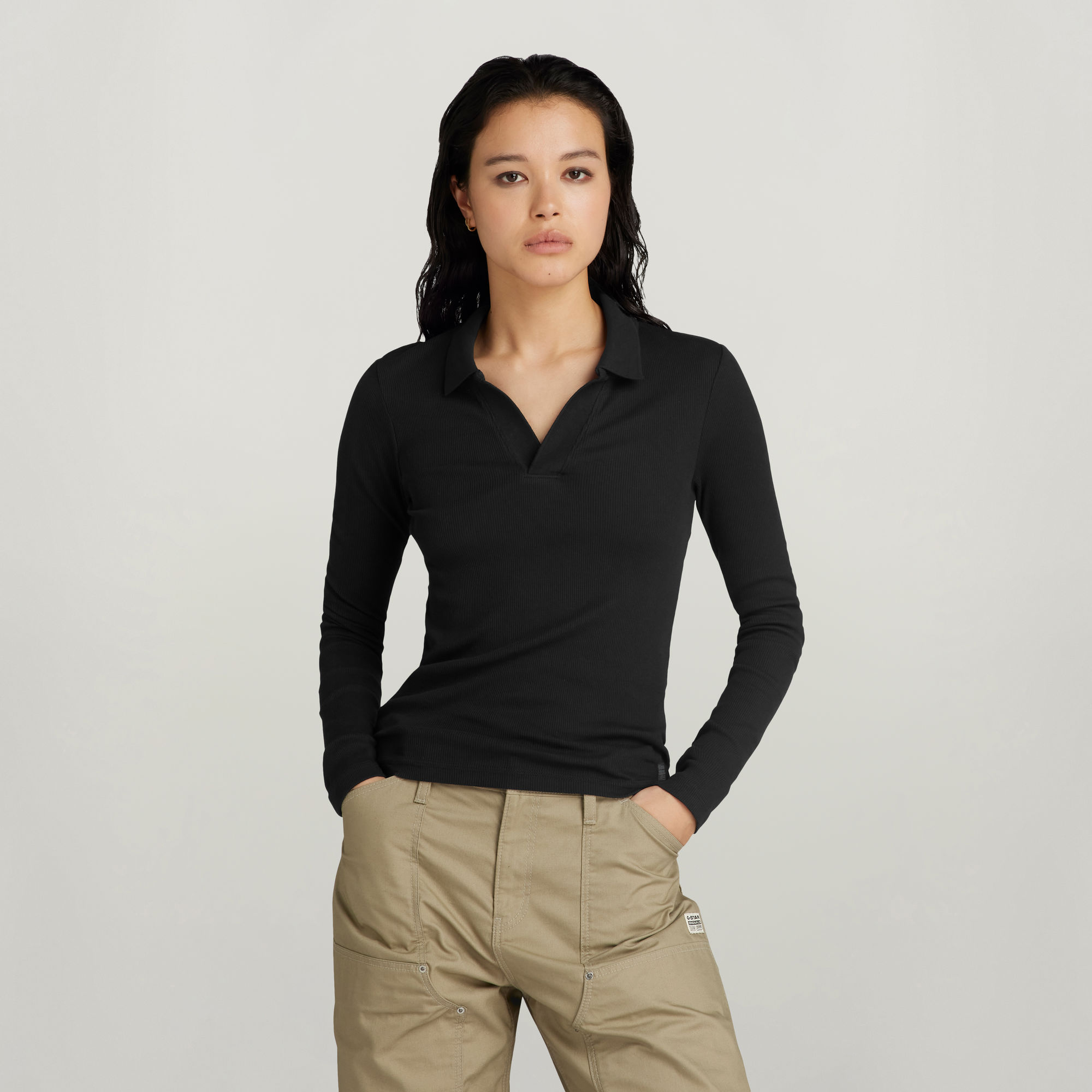 

Ribbed Slim Polo Top - Black - Women