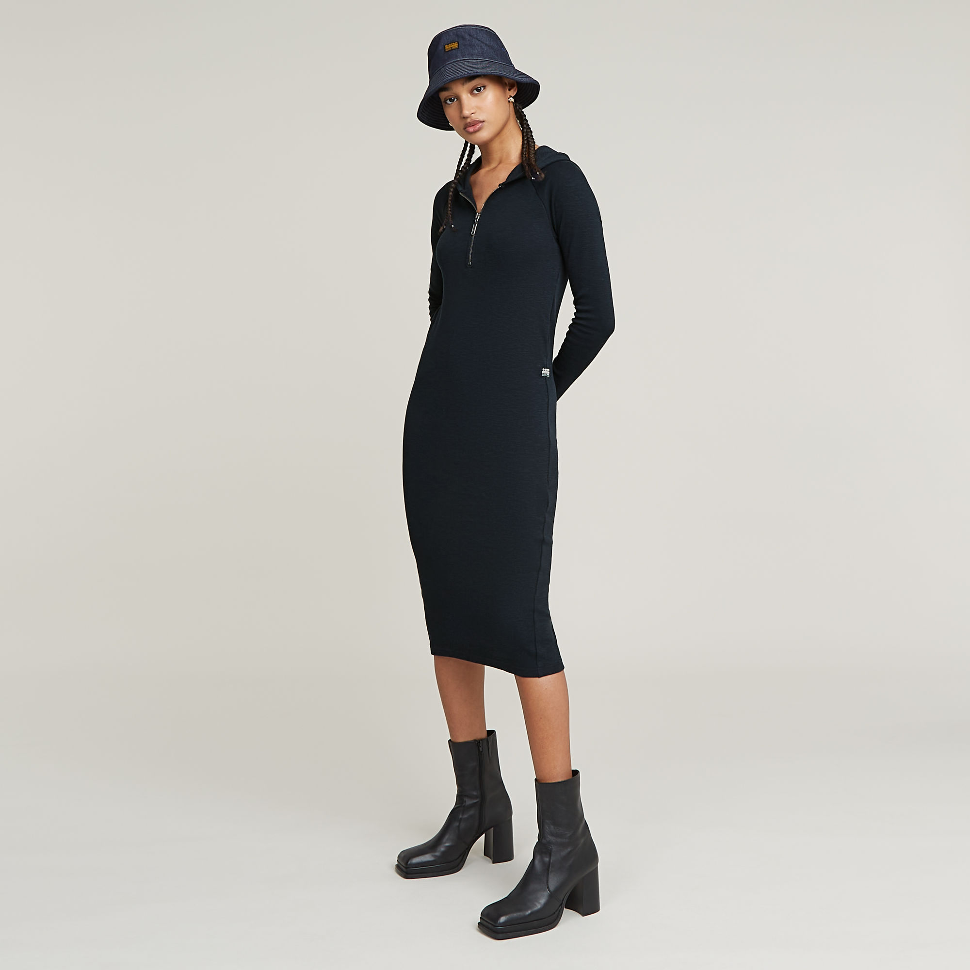 

Half Zip Hooded Slim Dress - Dark blue - Women