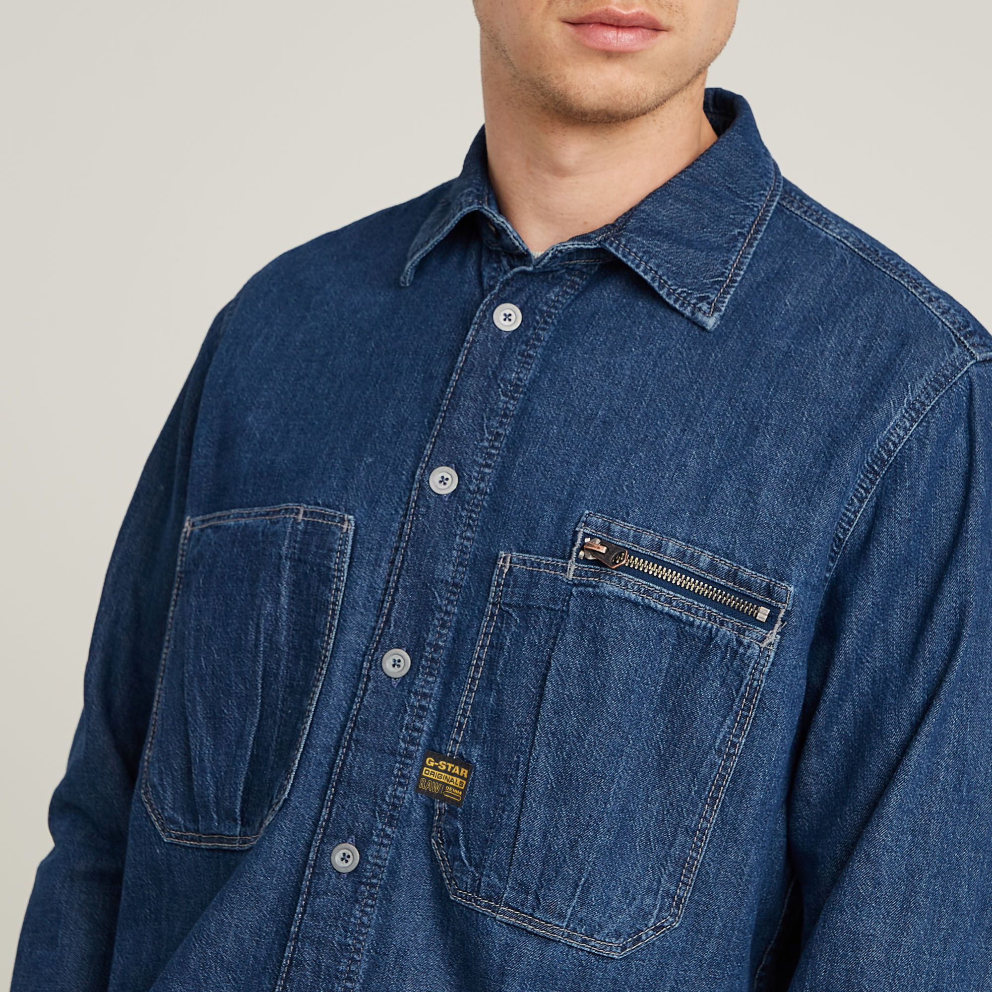G-Star RAW Pleated Zip Regular Shirt Donkerblauw Heren