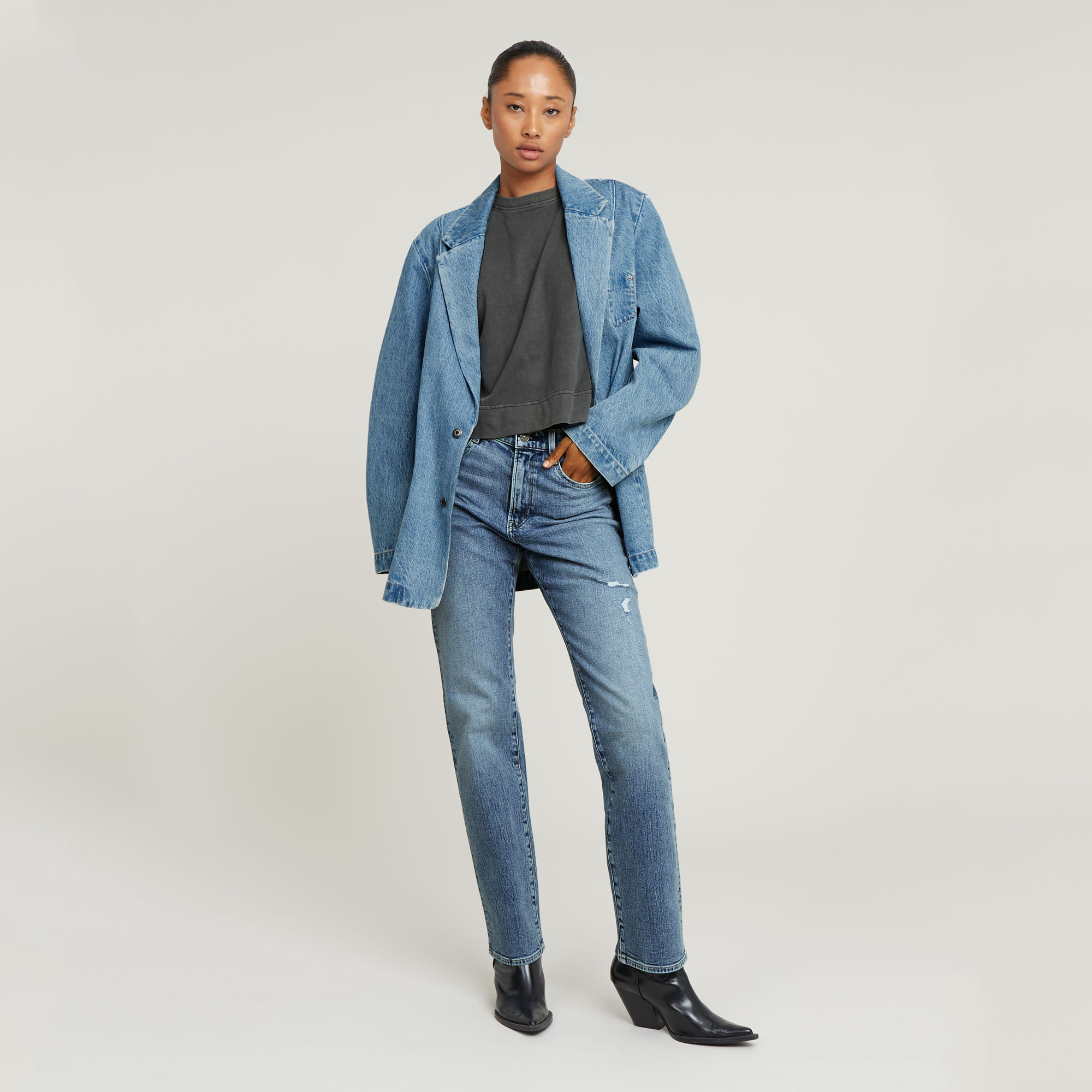 Thumbnail - Viktoria High Straight Jeans - Mittelblau - Damen