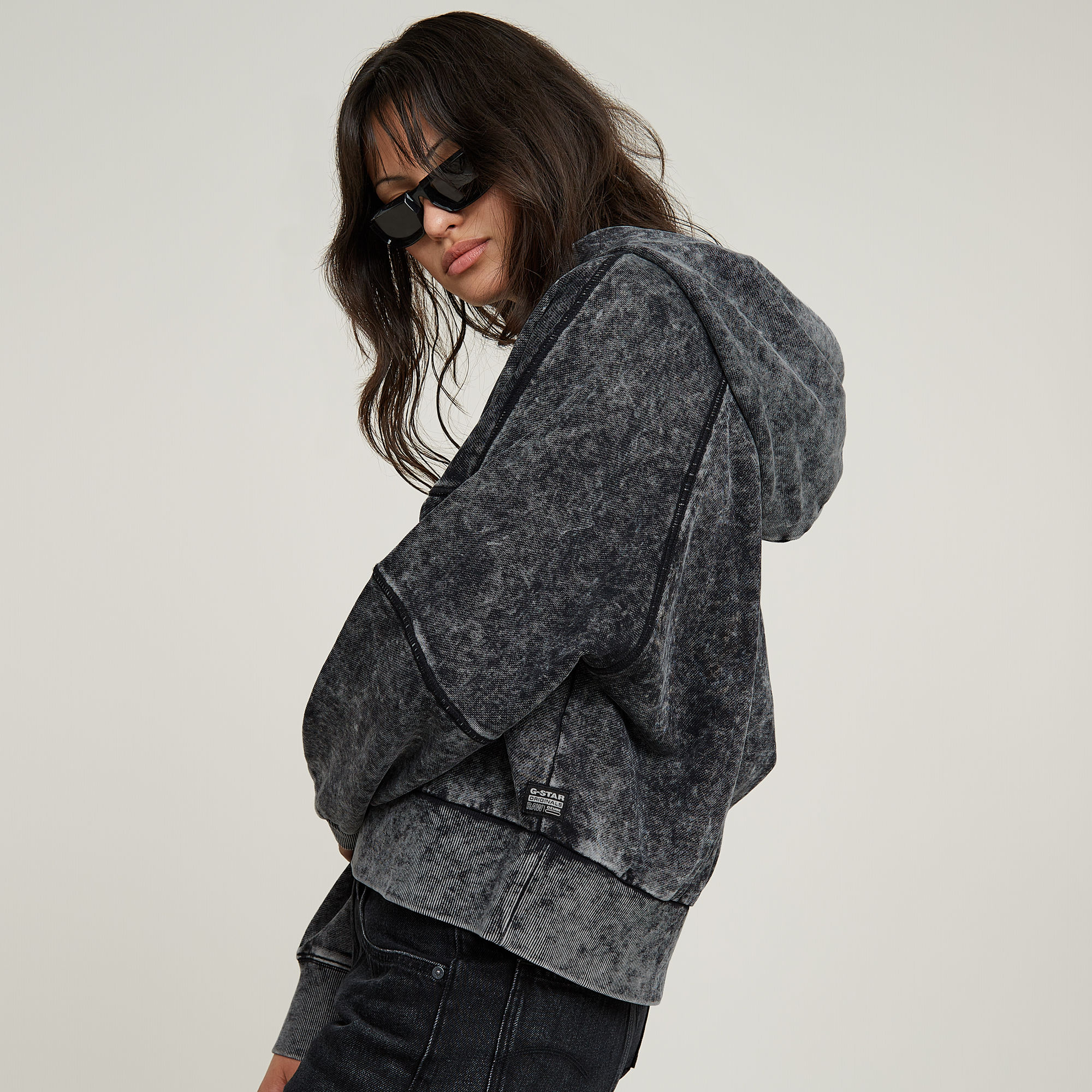 G-Star RAW Washed Embossed Oversized Hoodie Zwart Dames