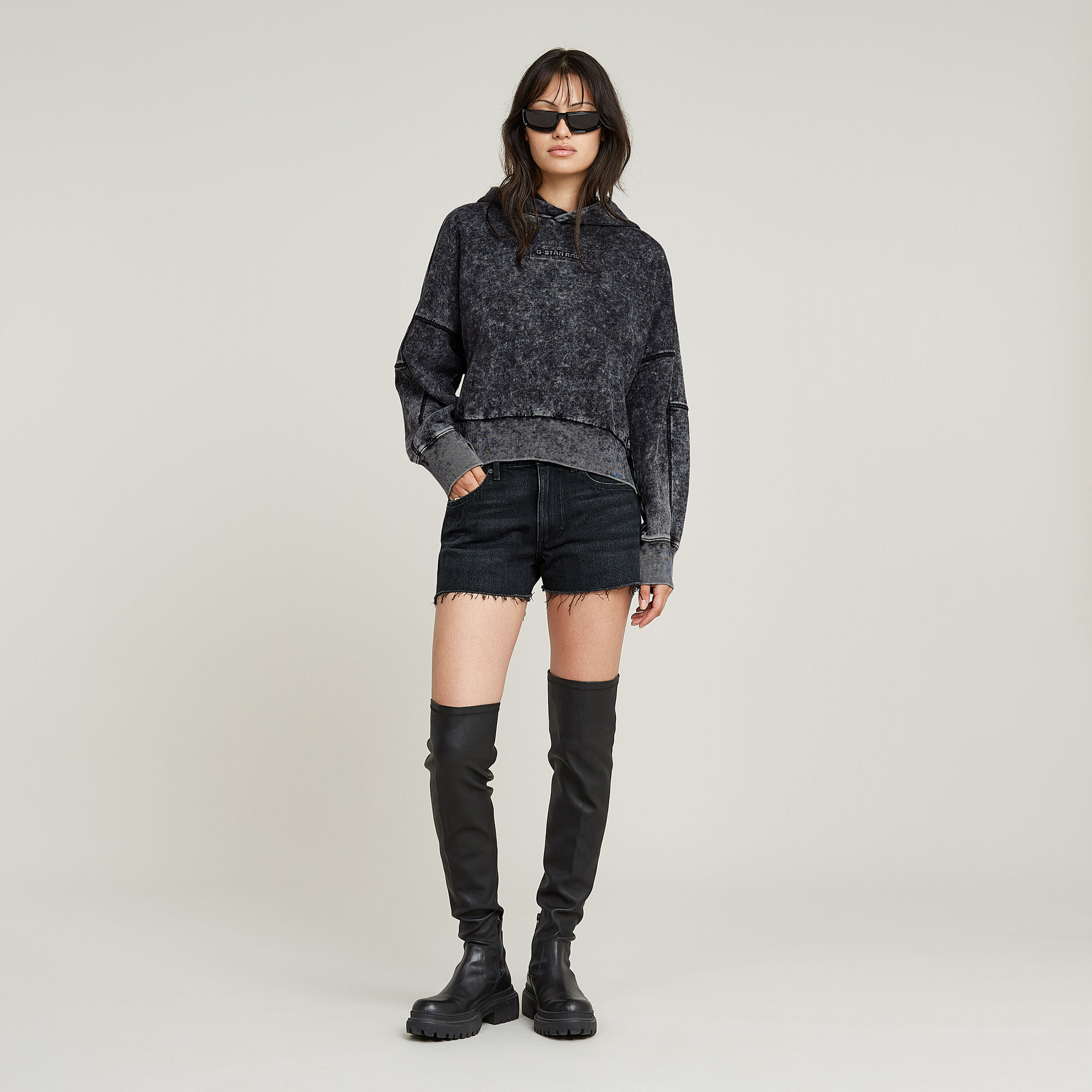 G-Star RAW Washed Embossed Oversized Hoodie Zwart Dames