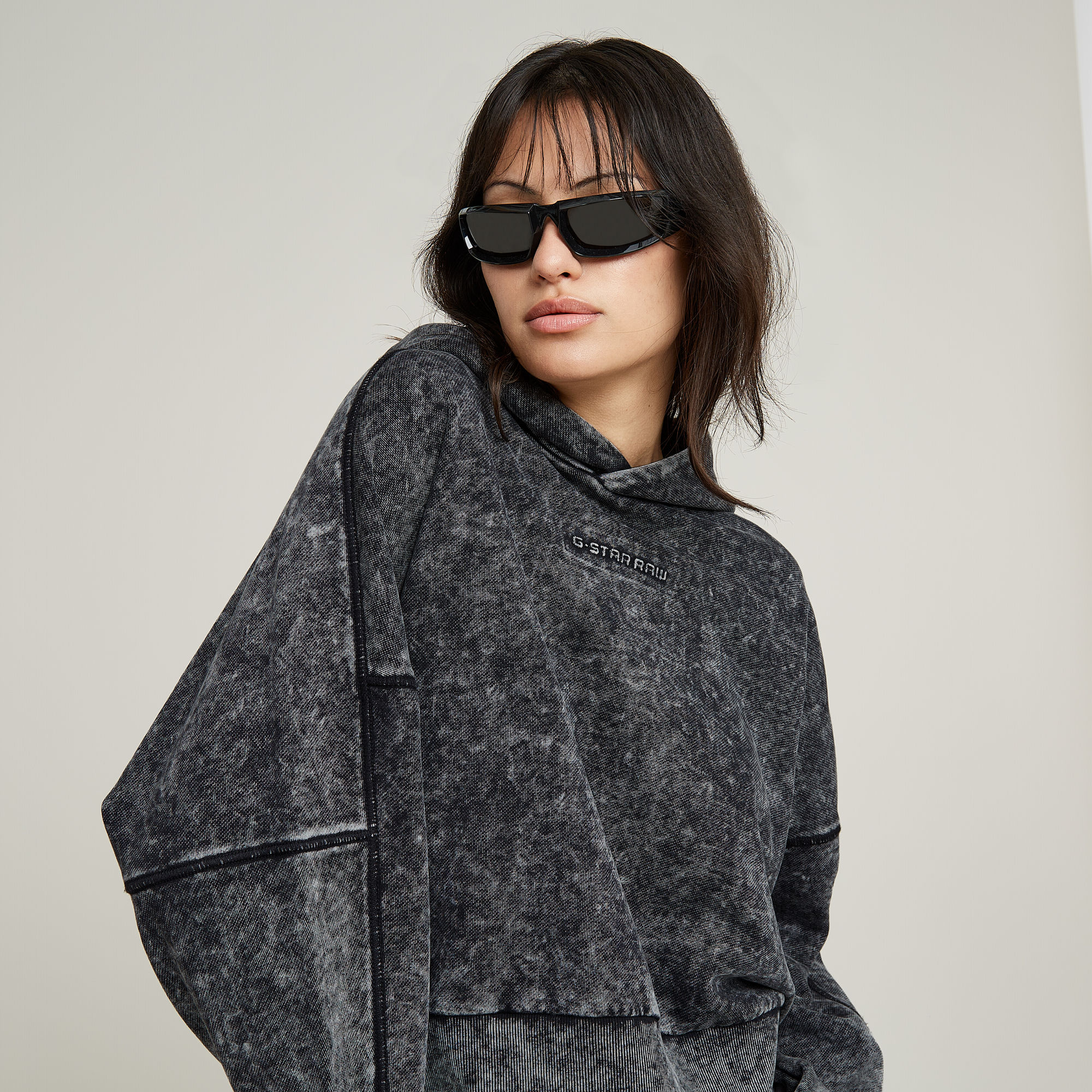 G-Star RAW Washed Embossed Oversized Hoodie Zwart Dames