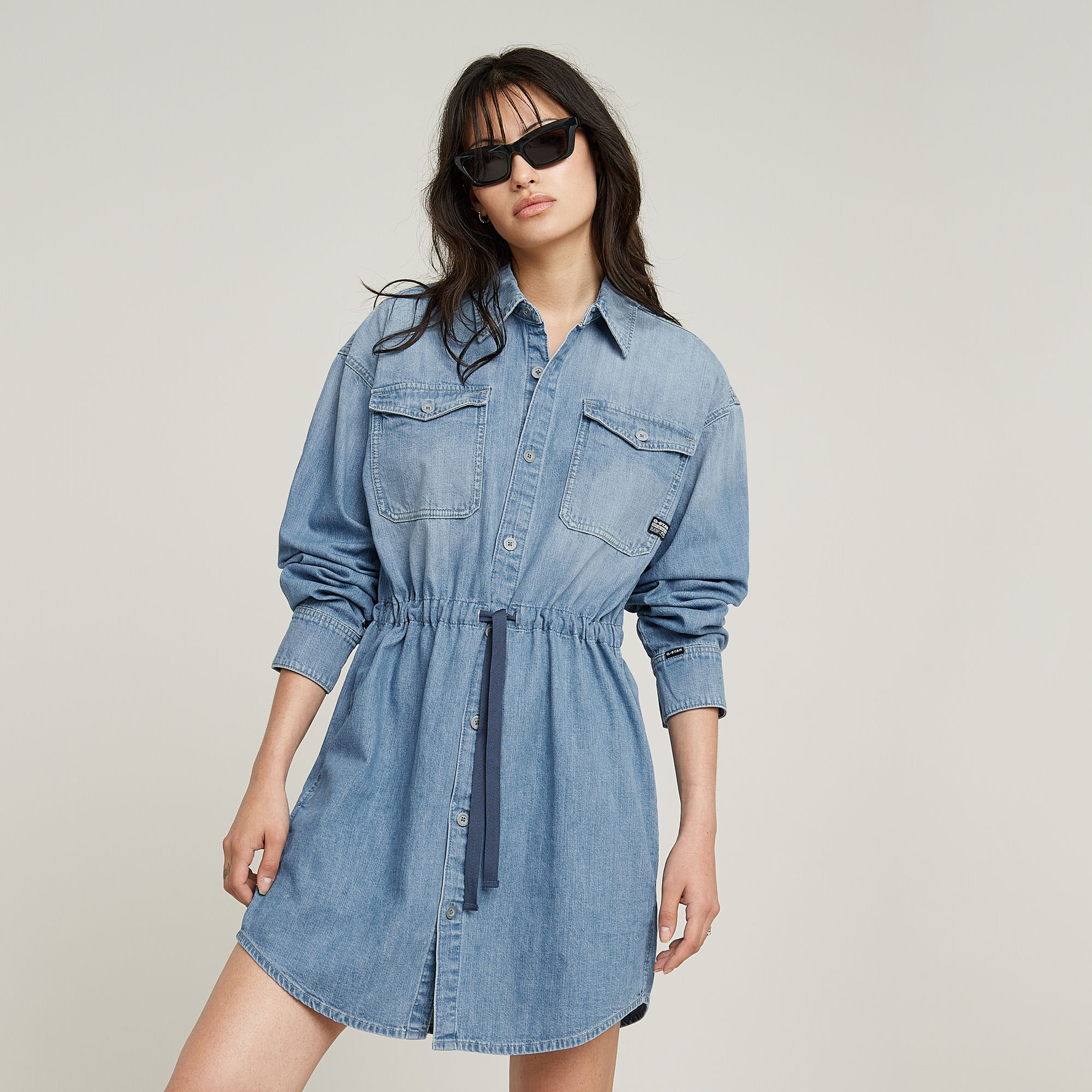 

Relaxed Drawcord Denim Dress - Light blue - Women