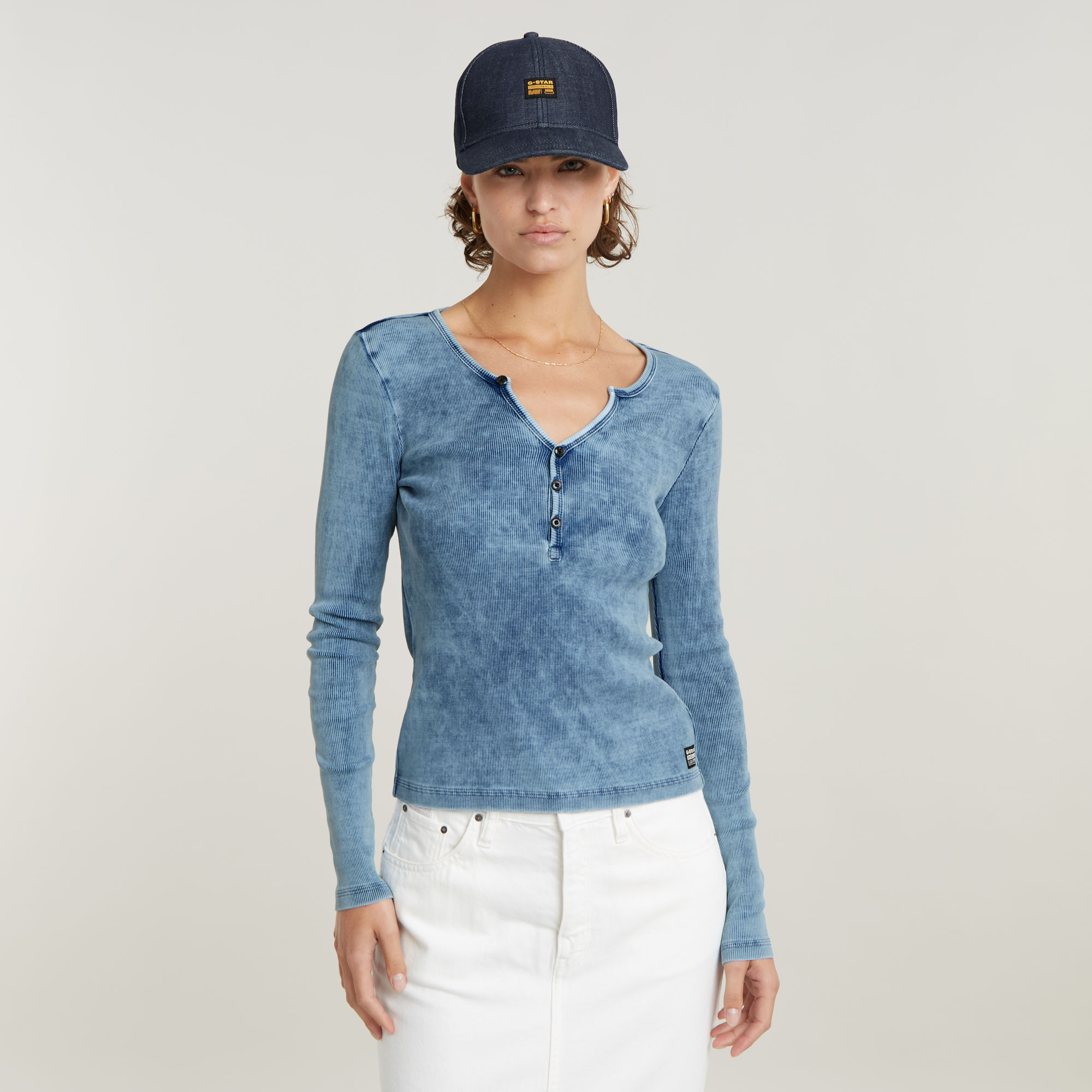 Deep V Indigo Henley Slim Top - Hellblau - Damen