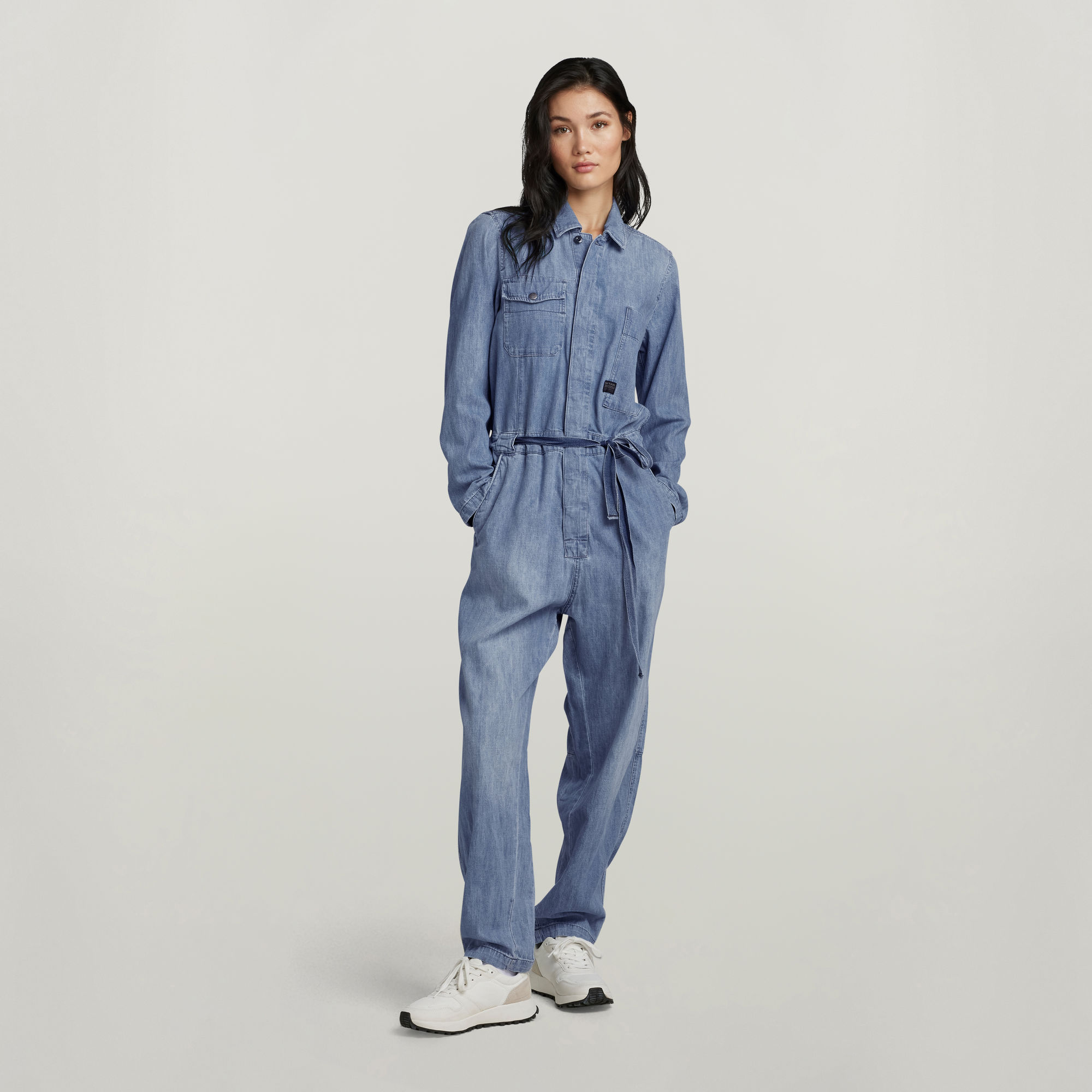 

Denim Jumpsuit Long Sleeve - Medium blue - Women